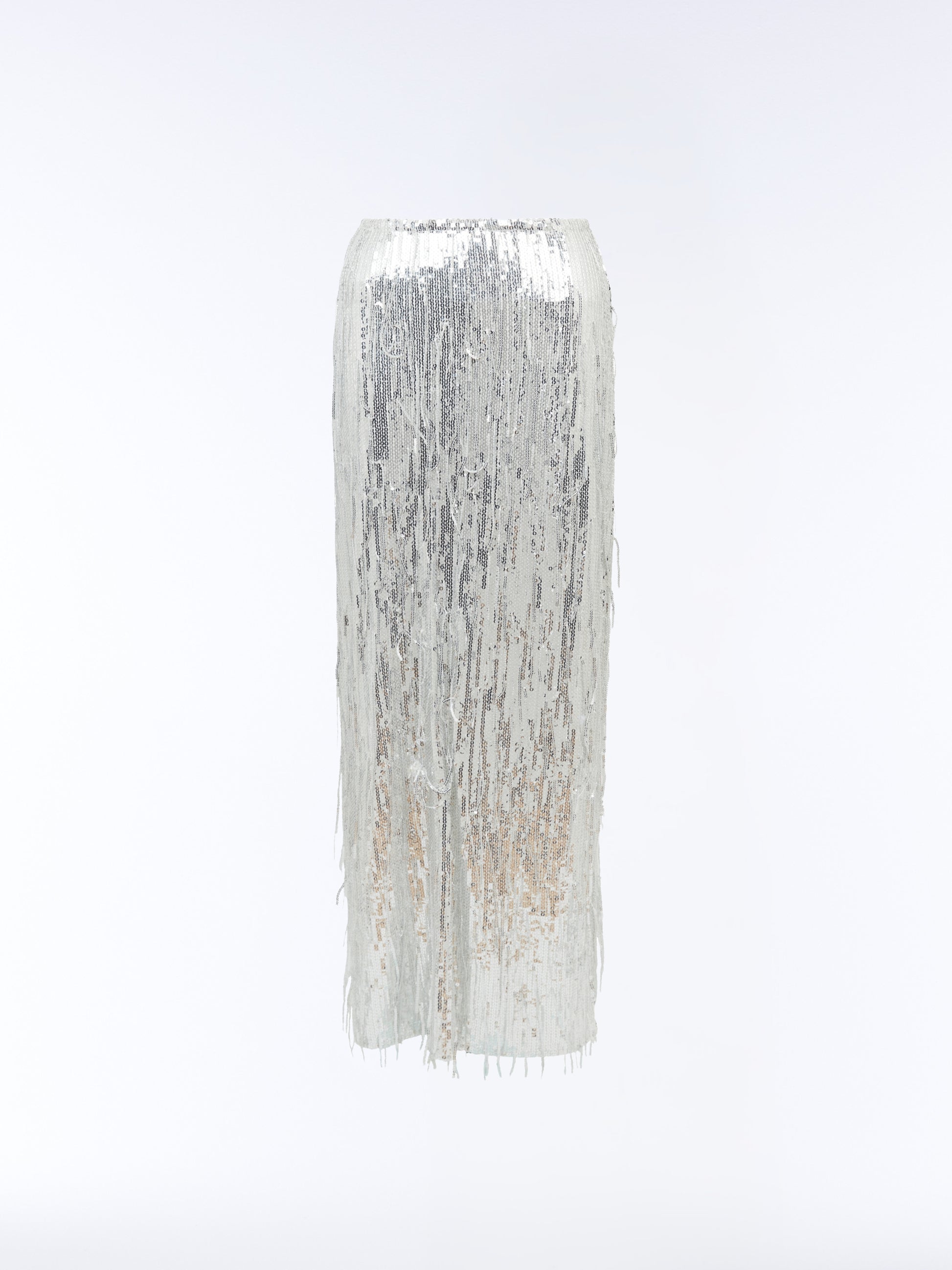 ull-length shot of the high-waisted silver sequin maxi skirt with fringe hemline