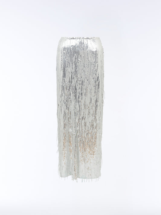 ull-length shot of the high-waisted silver sequin maxi skirt with fringe hemline