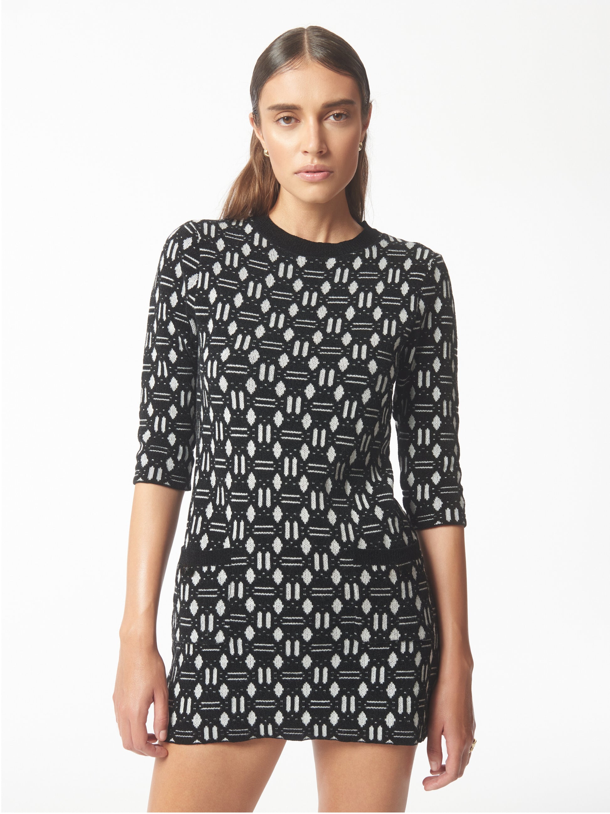 SOUR FIGS Geometric Jacquard Knit Dress in Black and White