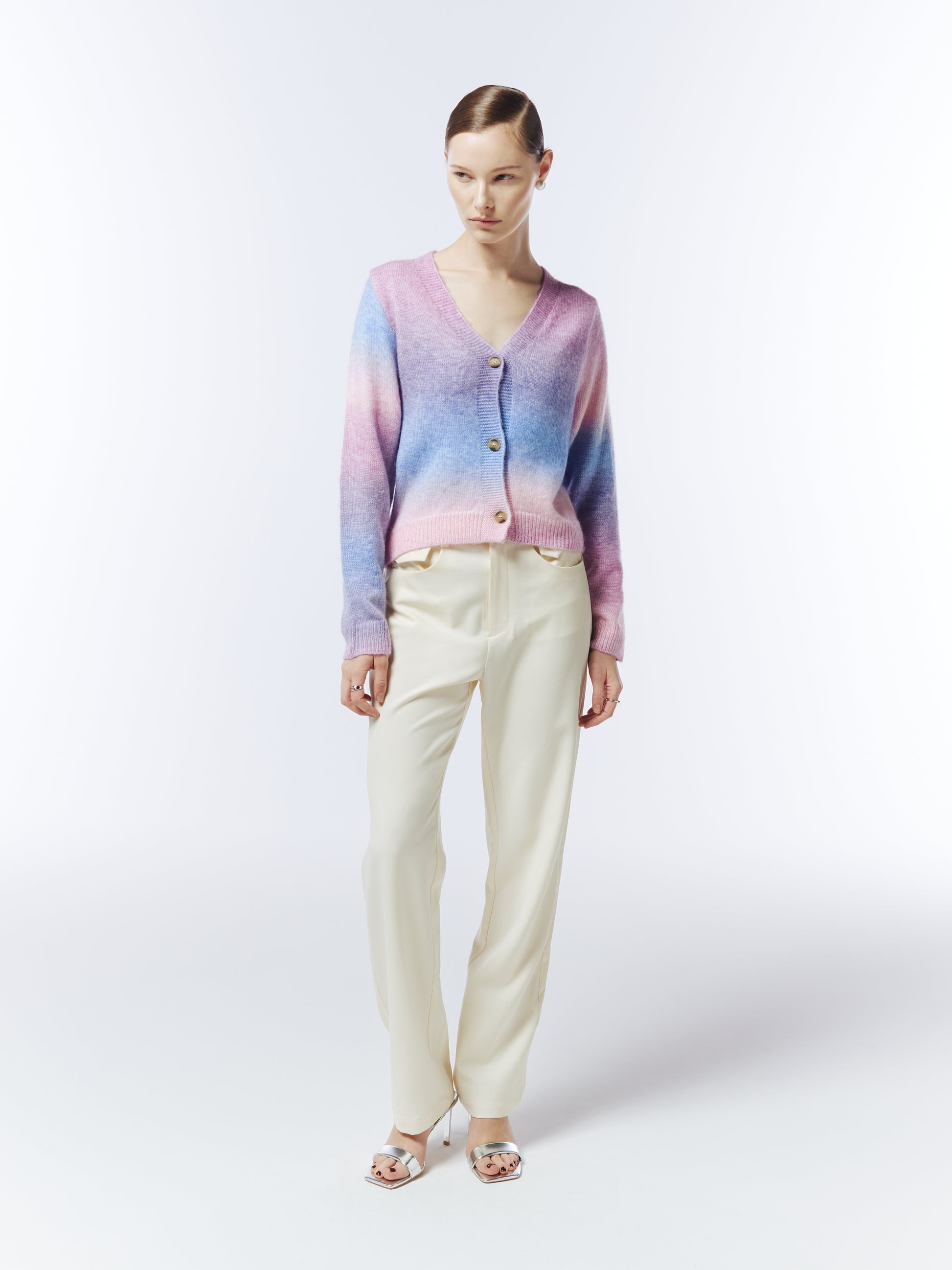 Sour Figs space-dyed knit cardigan in blush lilac blue with button front