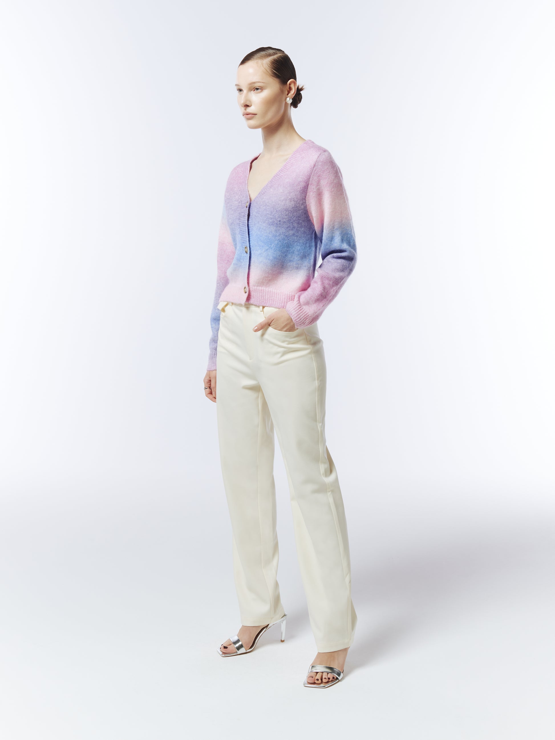 Sour Figs luxury space-dyed knit cardigan styled with cream trousers