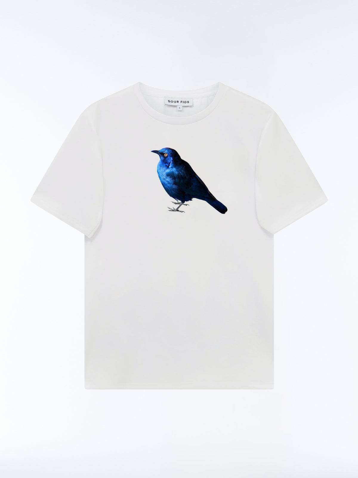 White SOUR FIGS crew-neck T-shirt with a greater blue-eared starling print in vivid blue with a yellow eye.