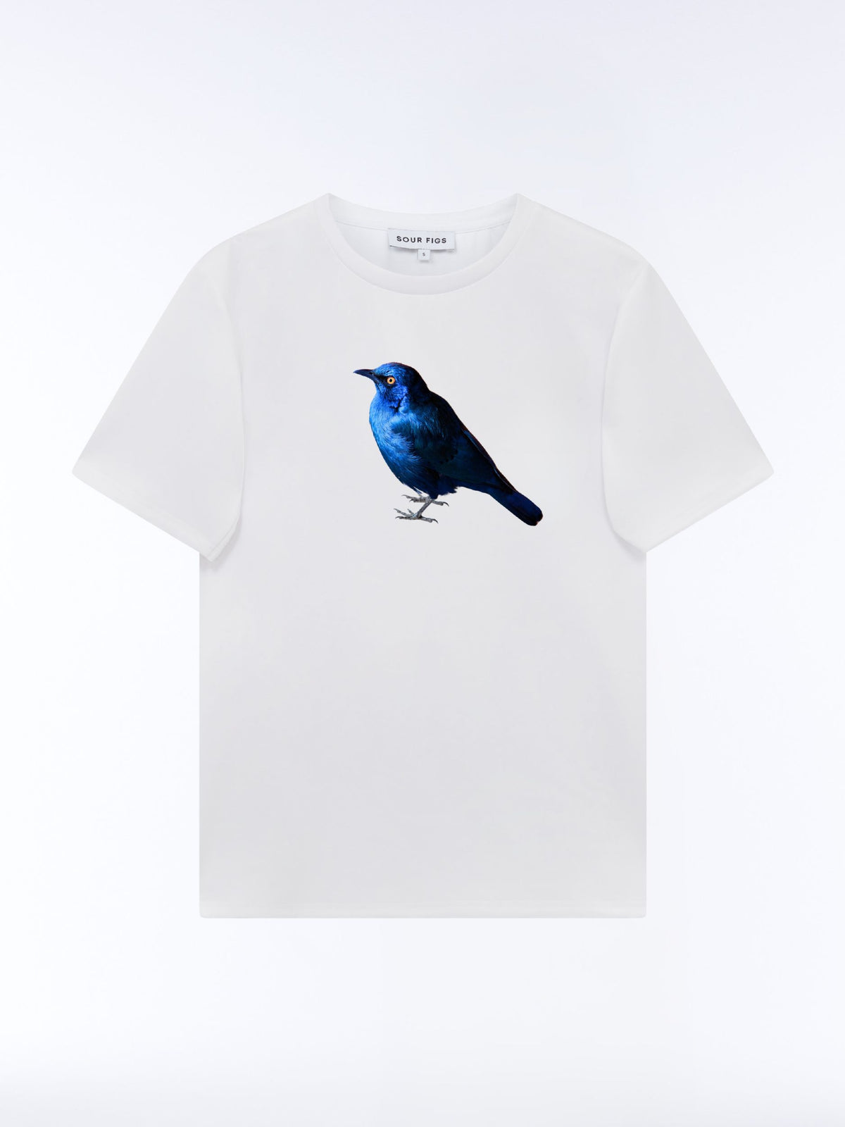 White SOUR FIGS crew-neck T-shirt with a greater blue-eared starling print in vivid blue with a yellow eye.