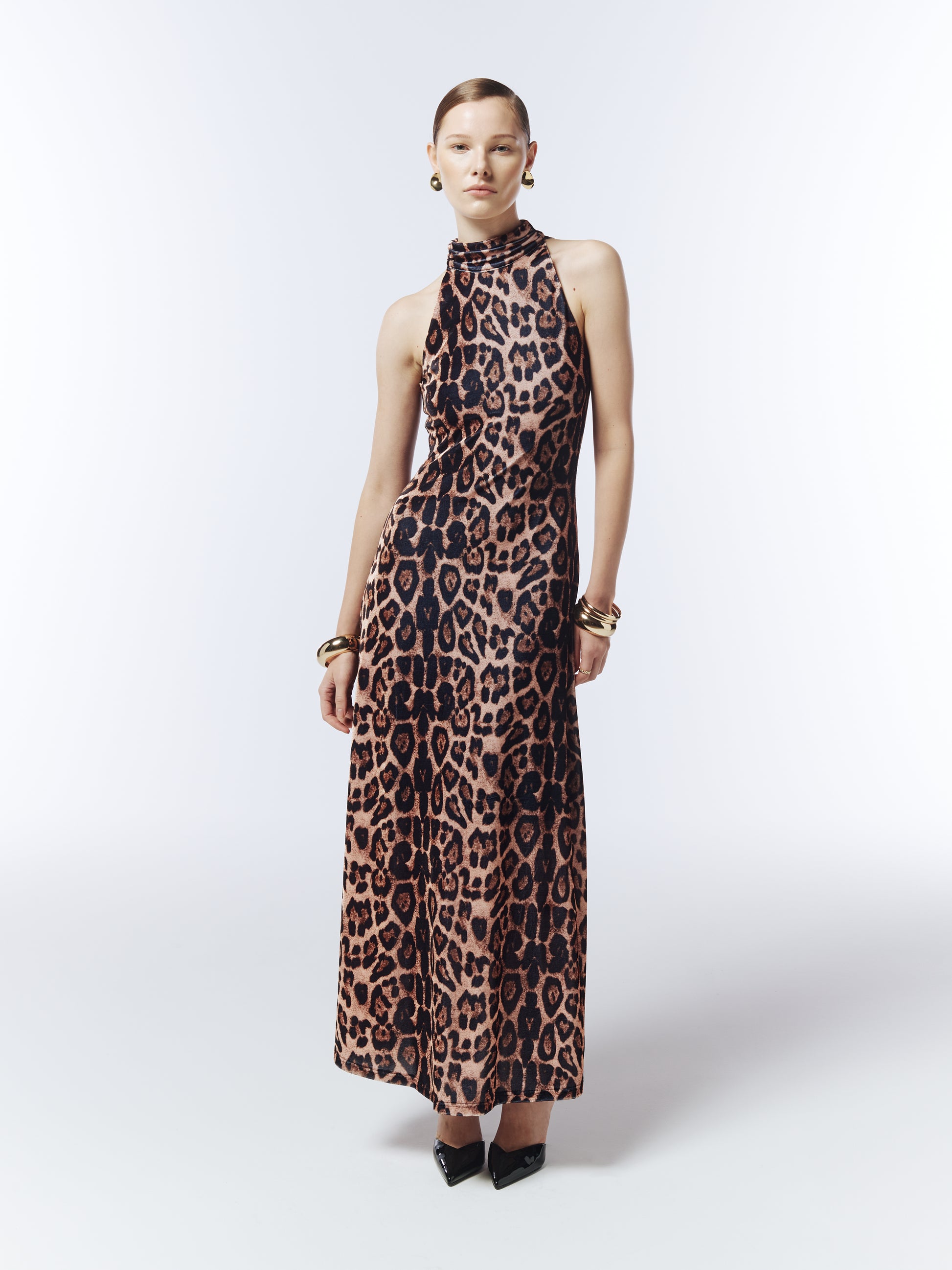 Sour Figs halterneck leopard velvet maxi dress in warm caramel brown front view