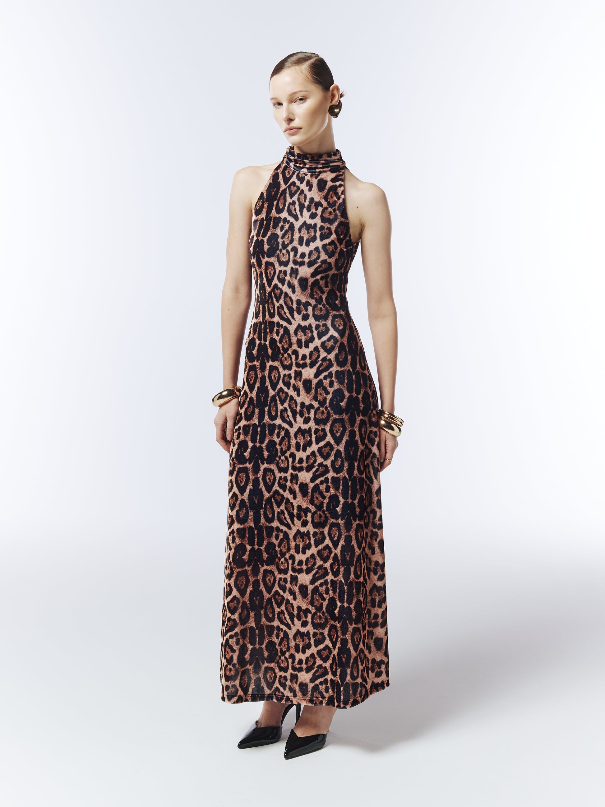 Halterneck Leopard Velvet Maxi Dress in Warm Caramel Brown Halterneck Leopard Velvet Maxi Dress in Warm Caramel Brown