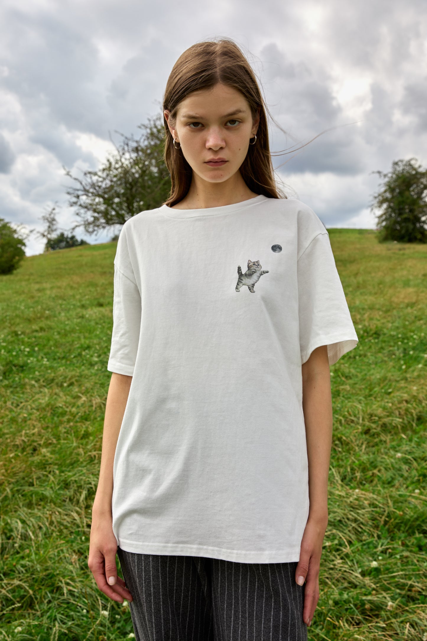 Kitten and Moon Print Unisex T-Shirt in White