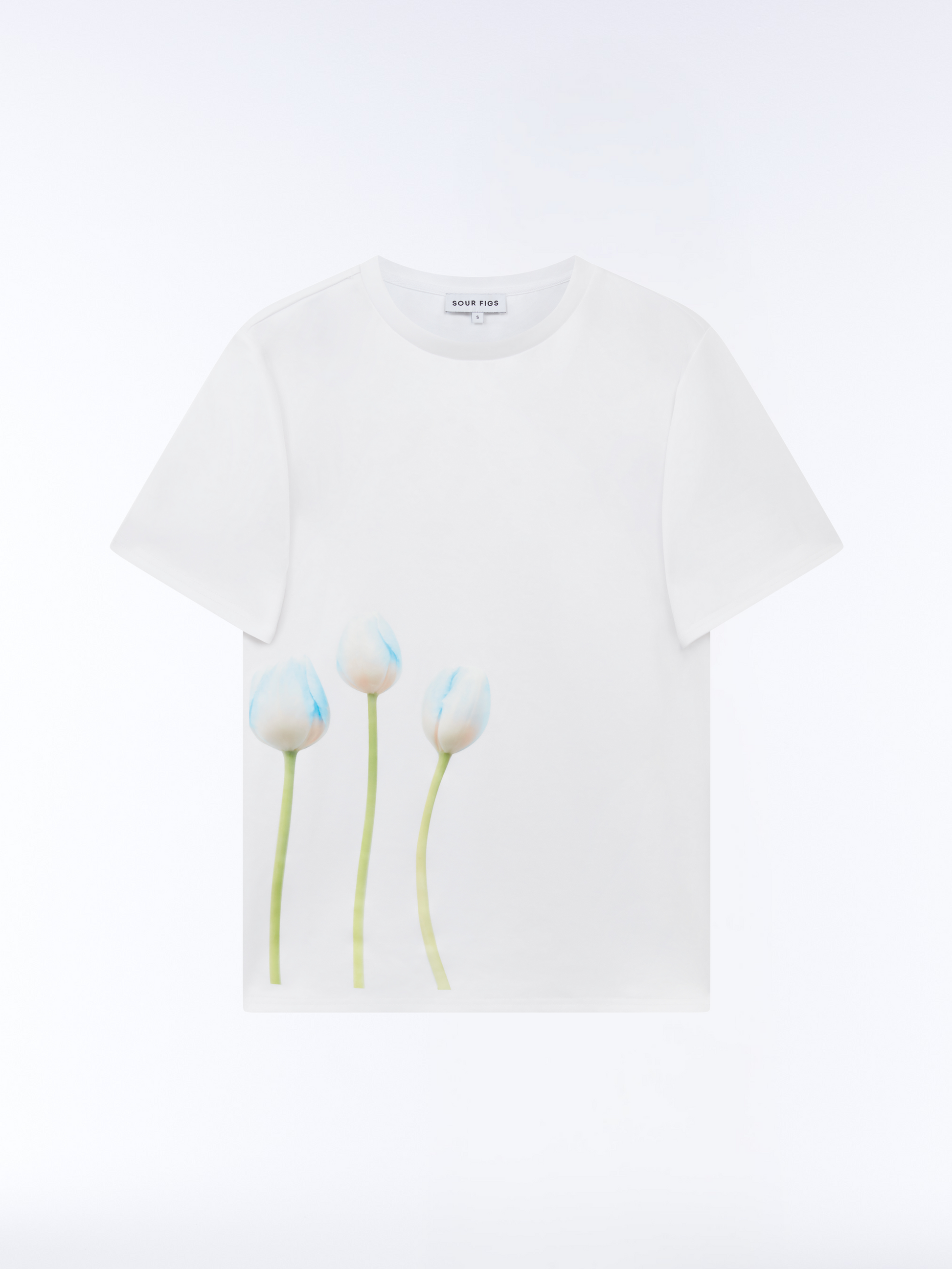 SOUR FIGS relaxed-fit crew neck T-shirt with tulip motif in Ice Petal White