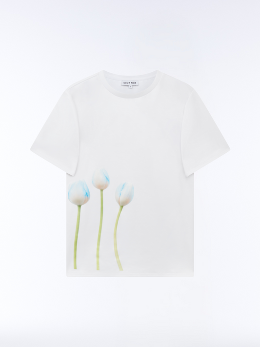 SOUR FIGS relaxed-fit crew neck T-shirt with tulip motif in Ice Petal White