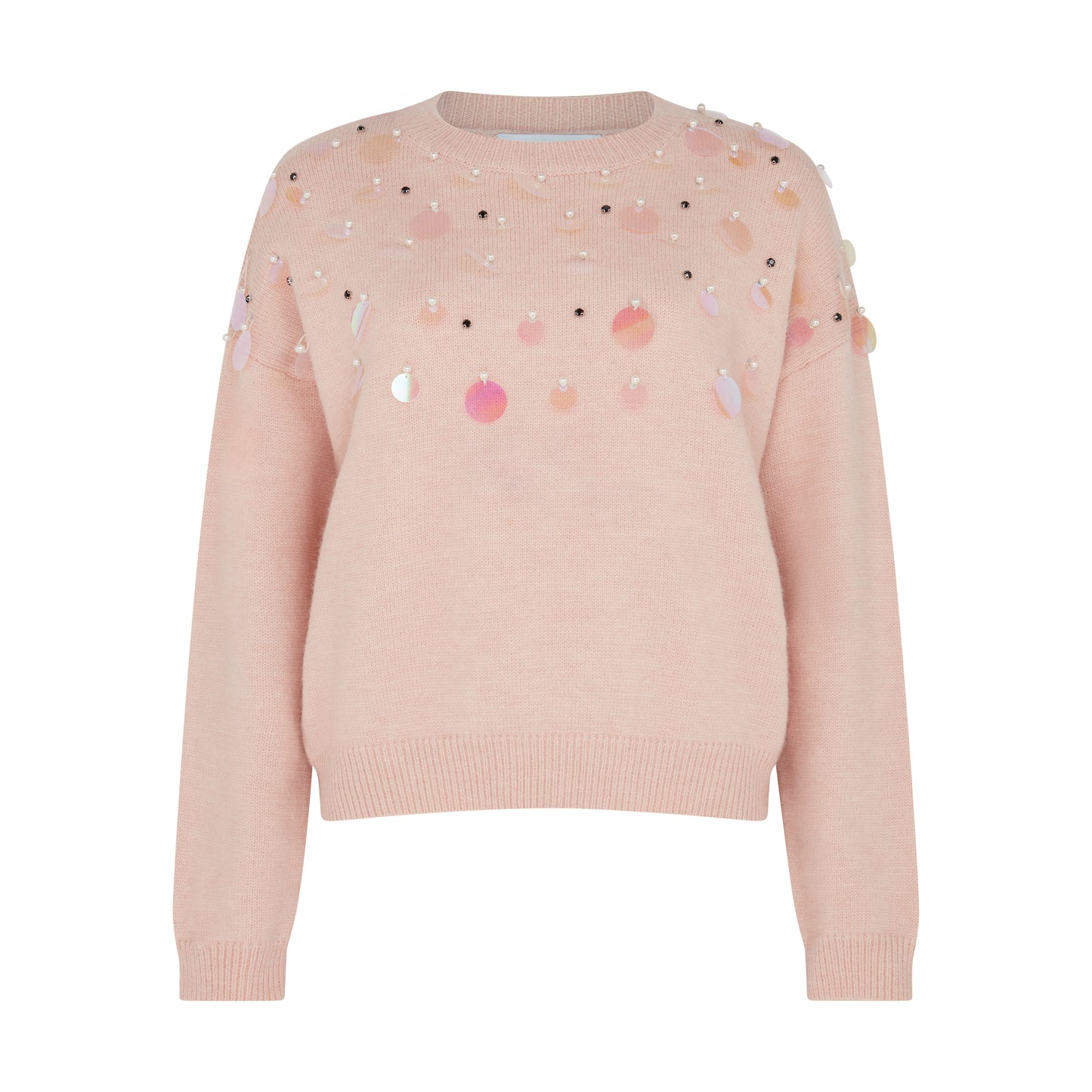 Pink sweater with colorful sequin embellishments, designer fashion SOUR FIGS