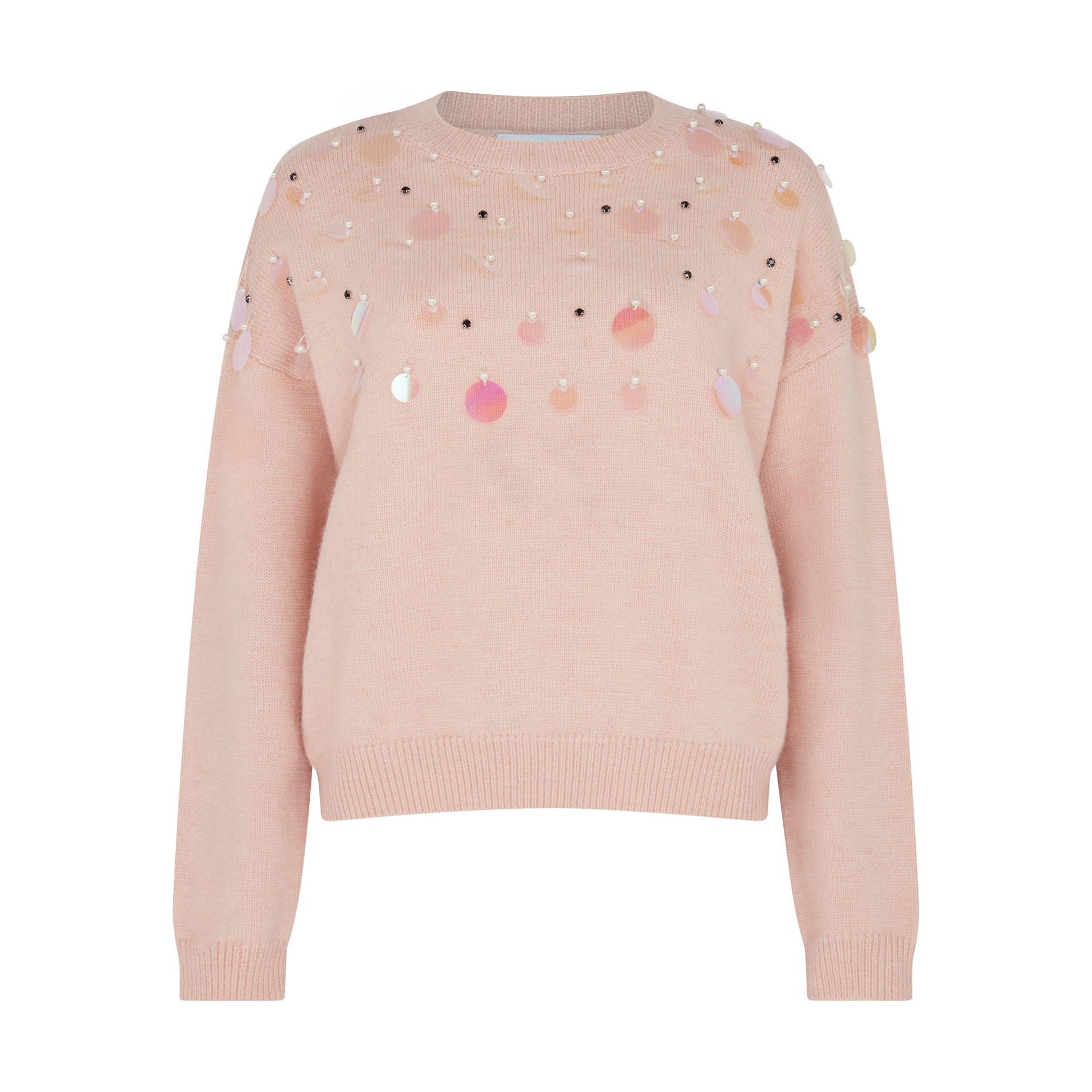 Pink sweater with colorful sequin embellishments, designer fashion SOUR FIGS