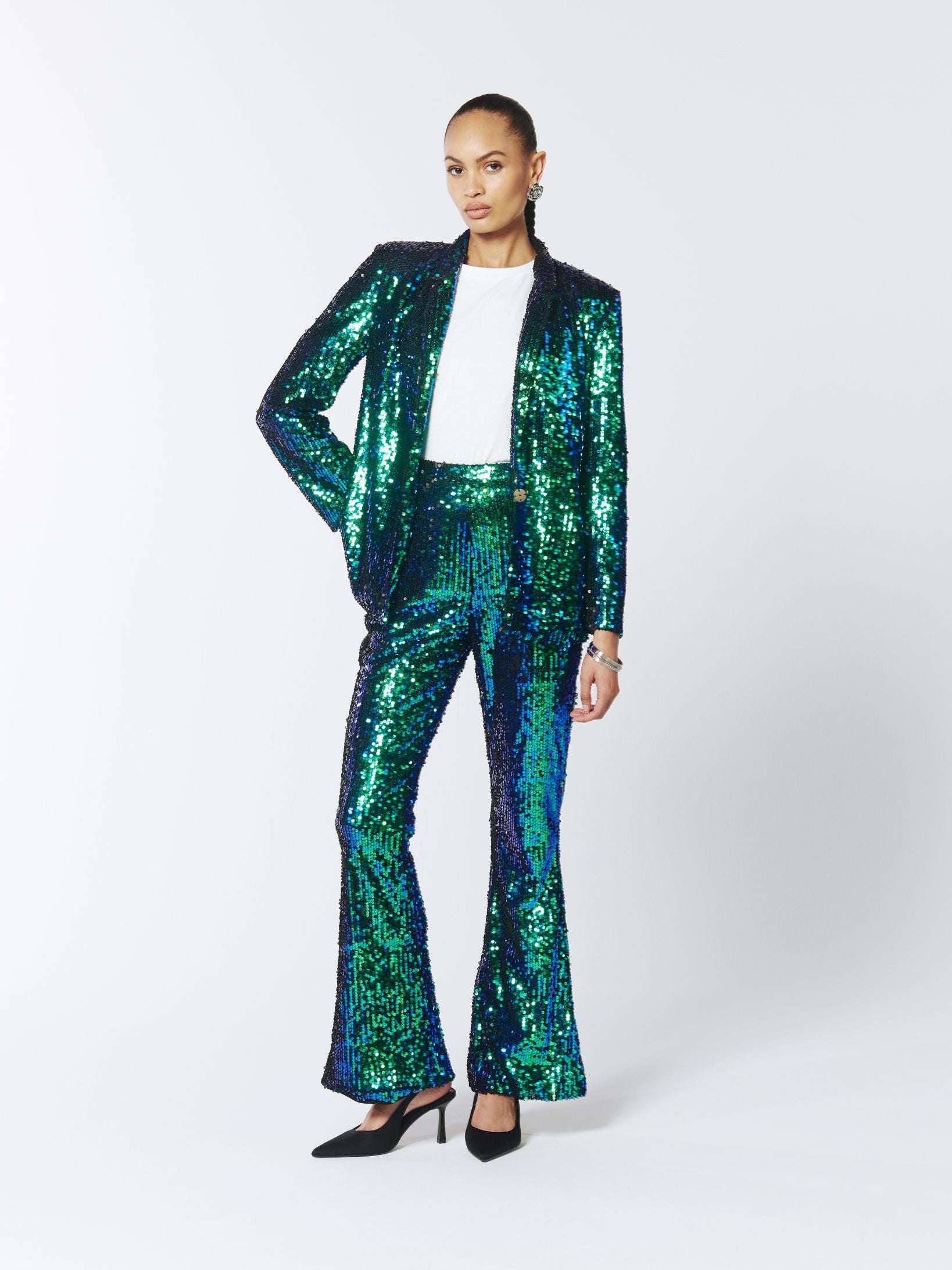 SOUR FIGS Iridescent Sequin Blazer in Green Peafowl