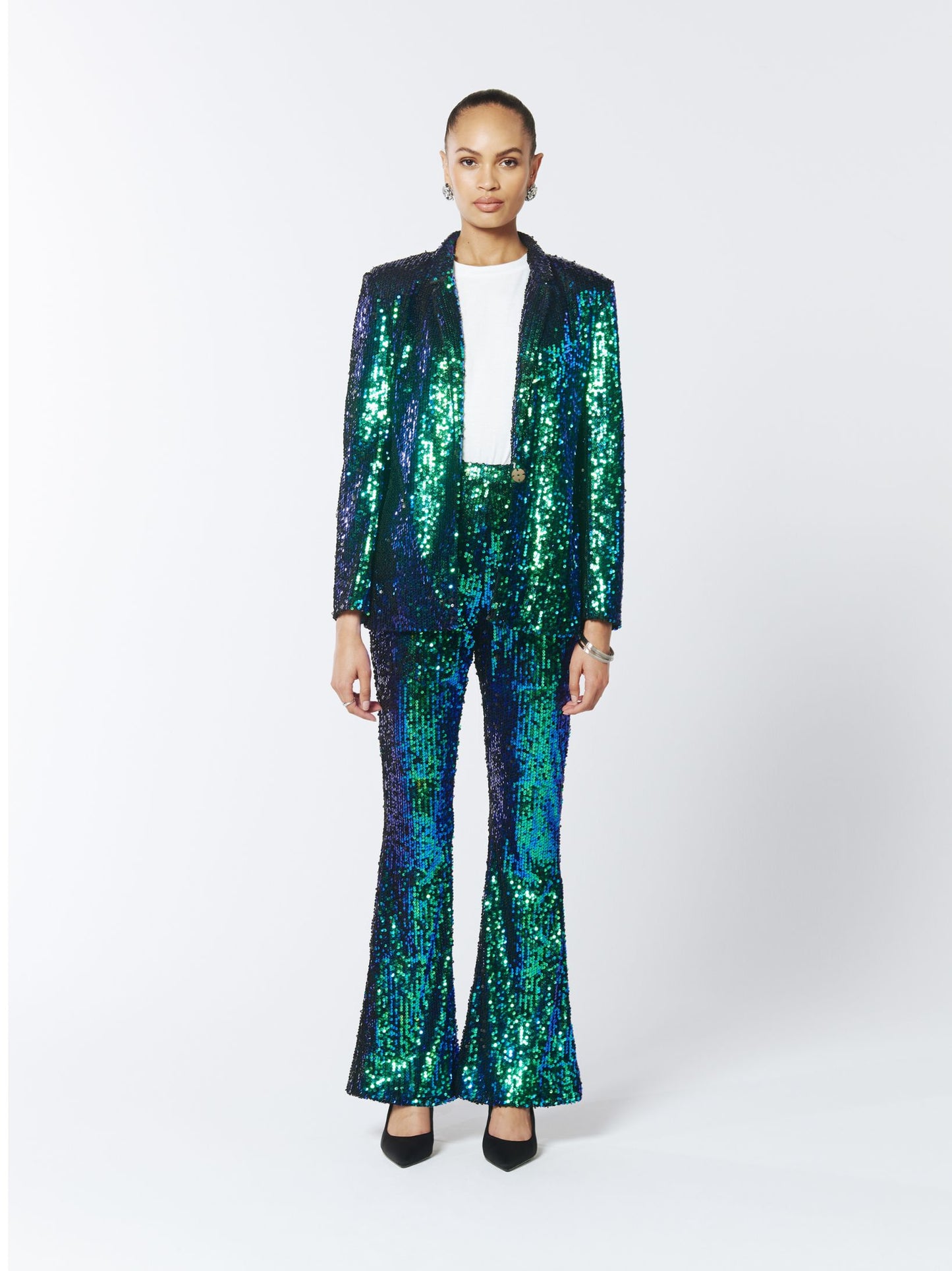 Iridescent Sequin Blazer in Green Peafowl