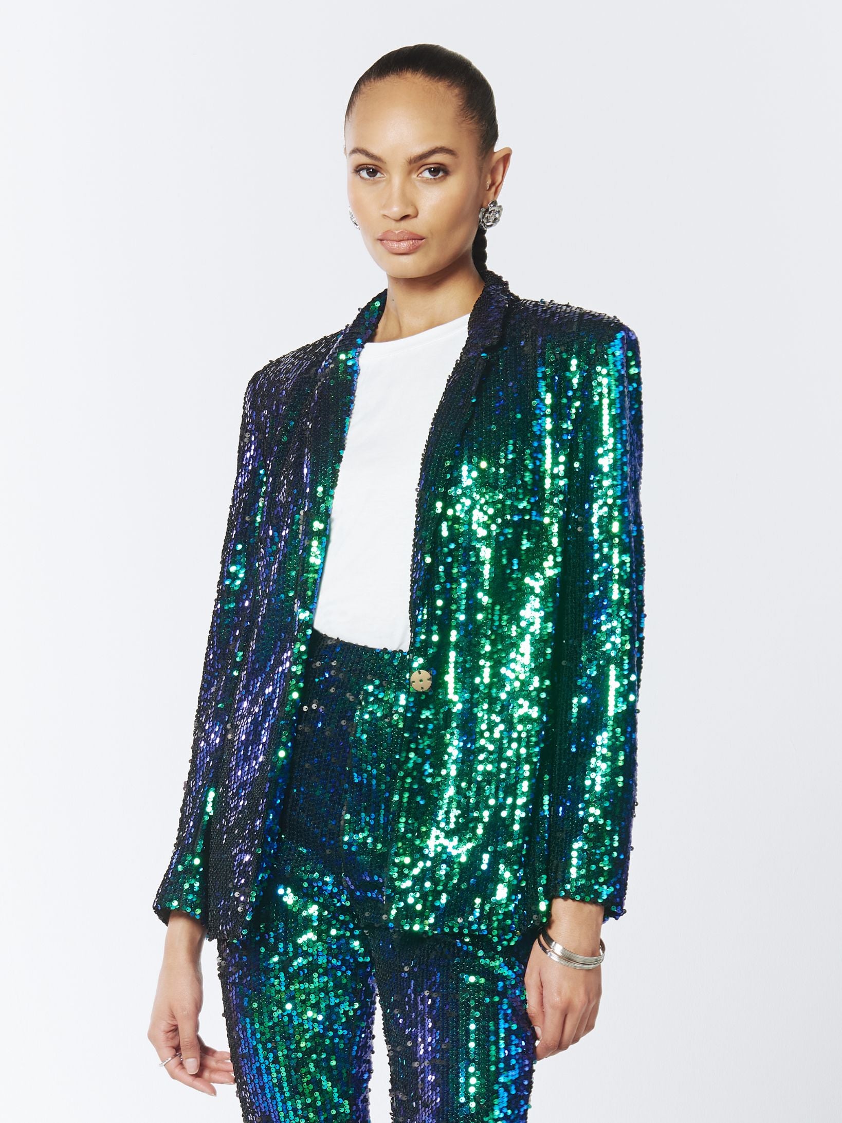 Iridescent Sequin Blazer in Green Peafowl