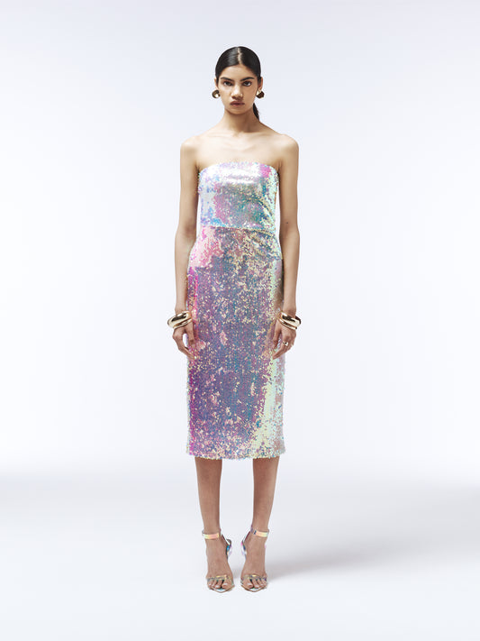 SOUR FIGS strapless midi dress with iridescent pastel sequins in pink, lilac, aqua, and gold tones.