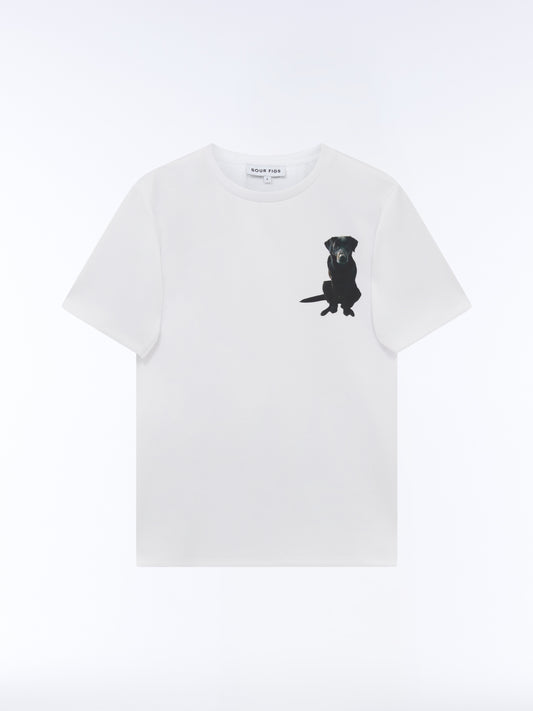 Relaxed-fit optic white t-shirt with Labrador graphic at chest by SOUR FIGS.