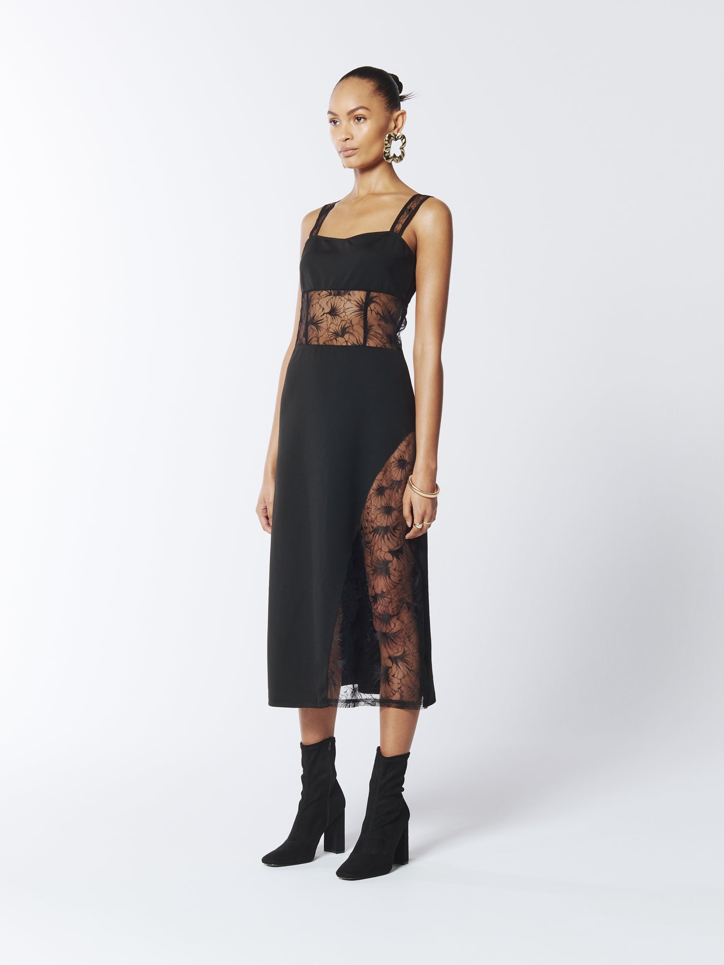 SOUR FIGS Lace Panelled Midi Dress in Black