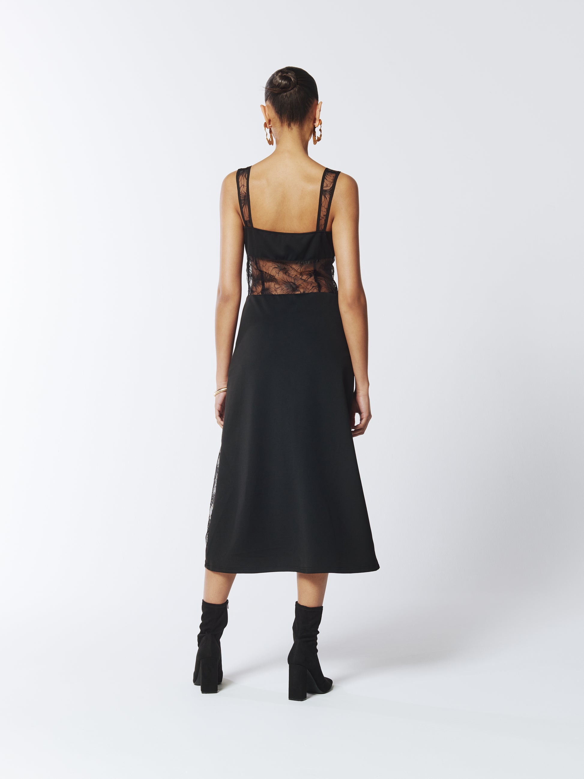 SOUR FIGS Lace Panelled Midi Dress in Black