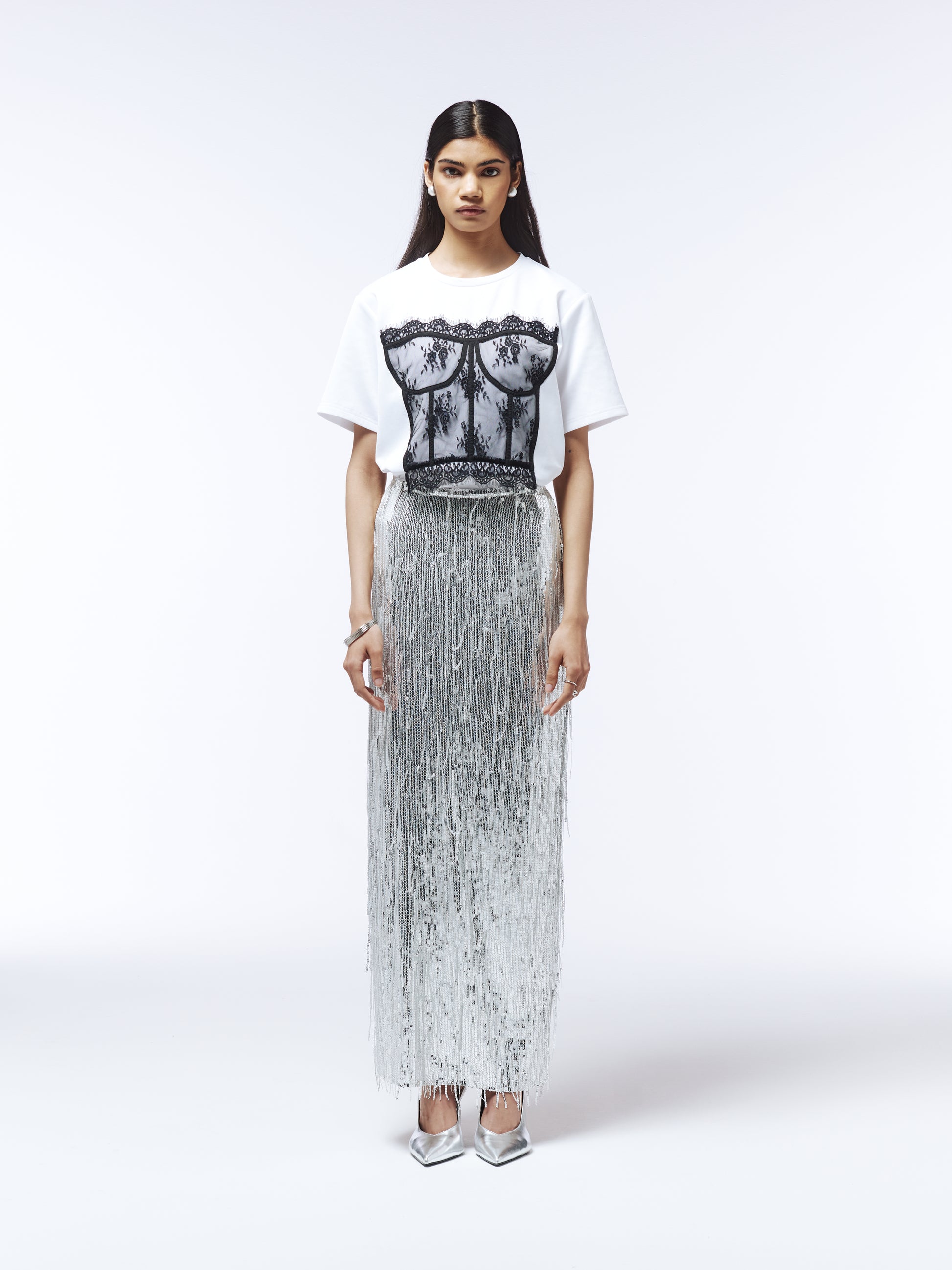 Sour Figs white cotton T-shirt with black lace corset appliqué