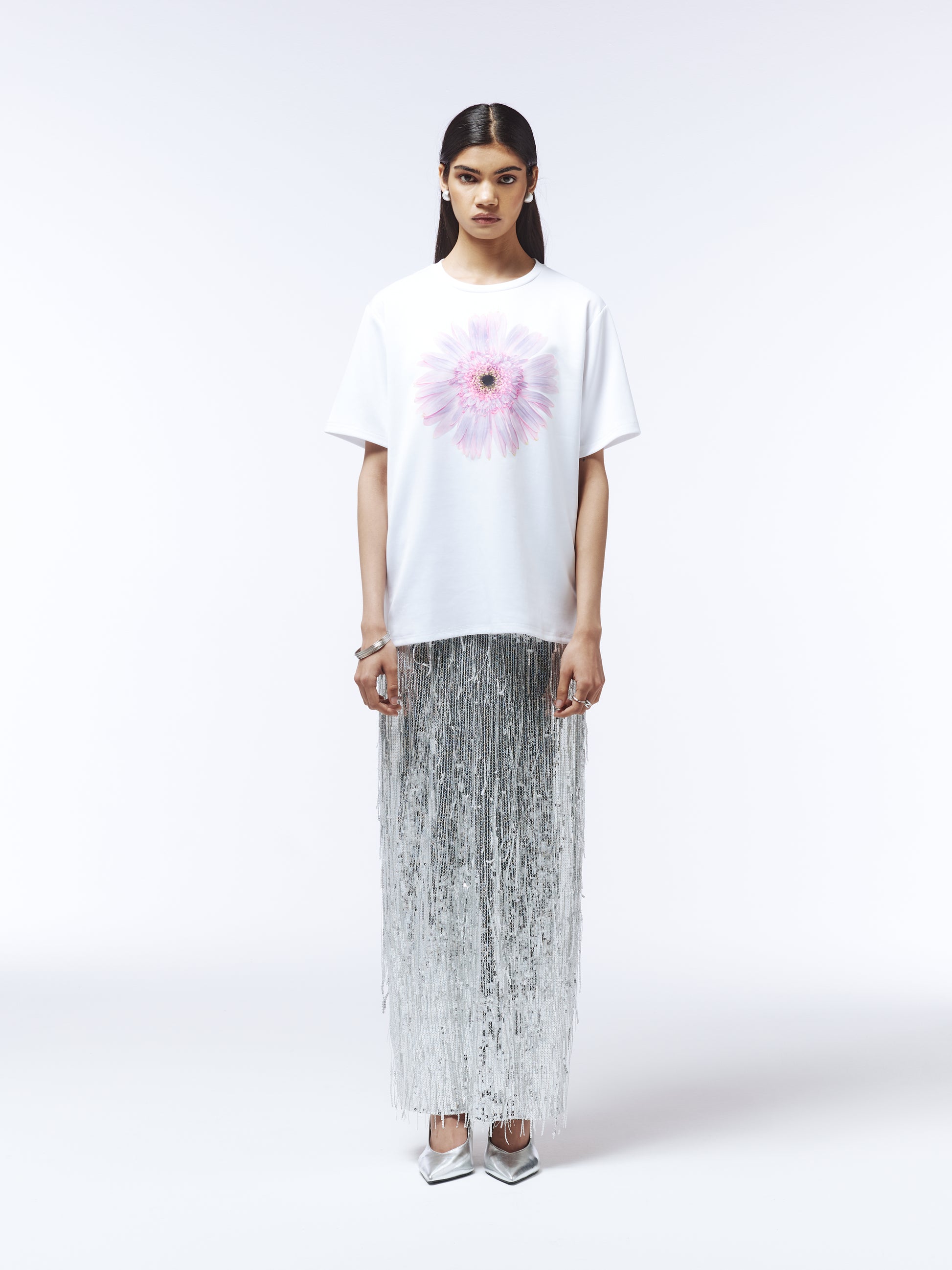 Ice Petal White cotton tee featuring large floral graphic on front