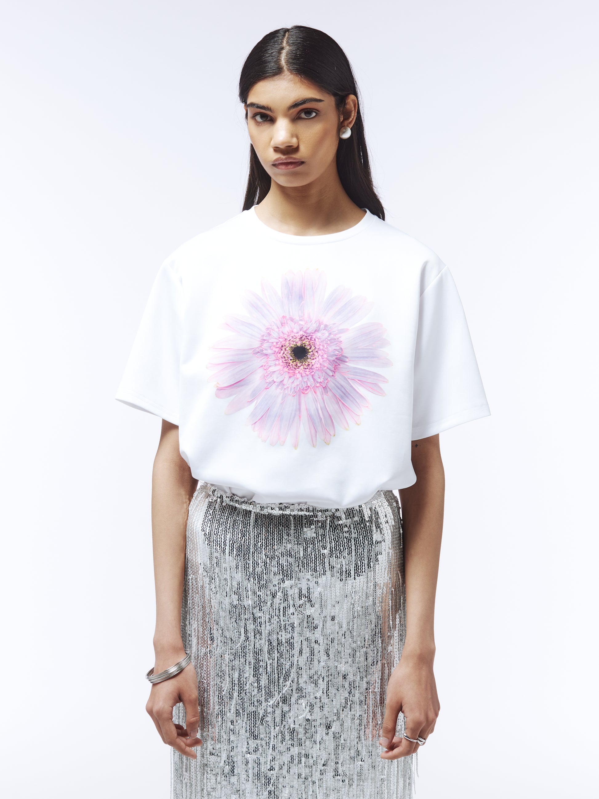 Back view of oversized cotton tee in ice petal white