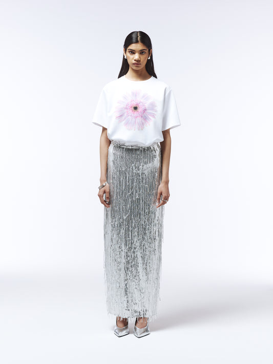 Botanical print T-shirt with pink daisy-style flower in soft tones