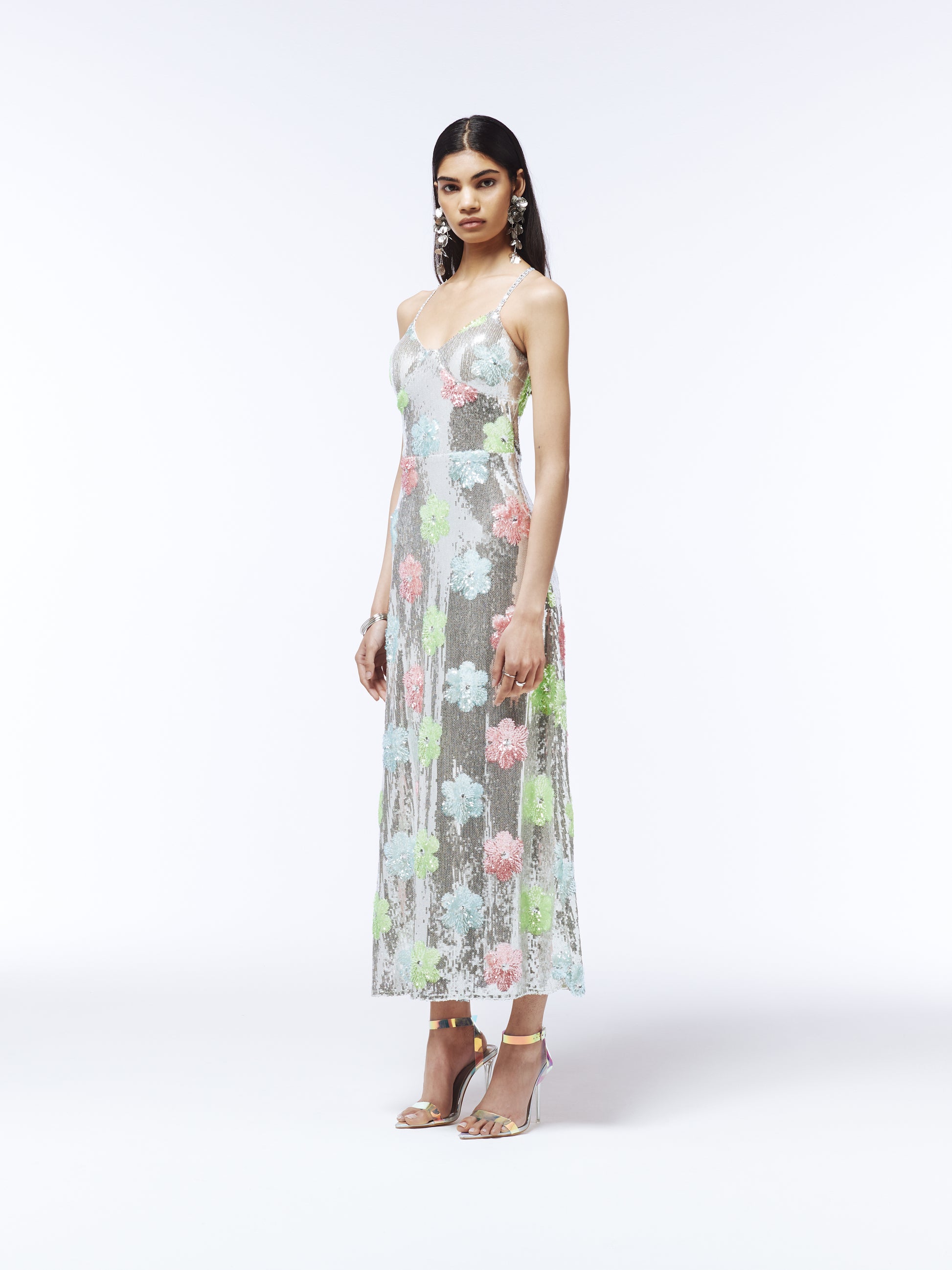 Silver sequin-embellished midi dress with delicate pastel flower motifs by SOUR FIGS.