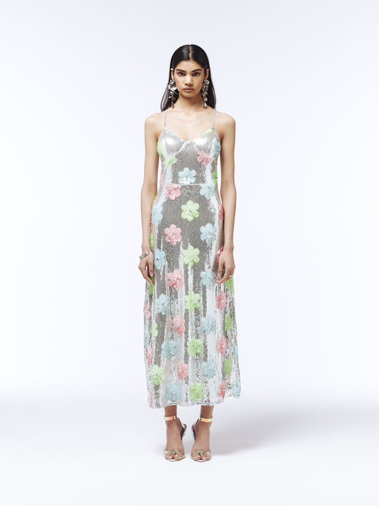 SOUR FIGS metallic midi dress featuring pastel floral sequins in silver, mint green, pink, and blue.