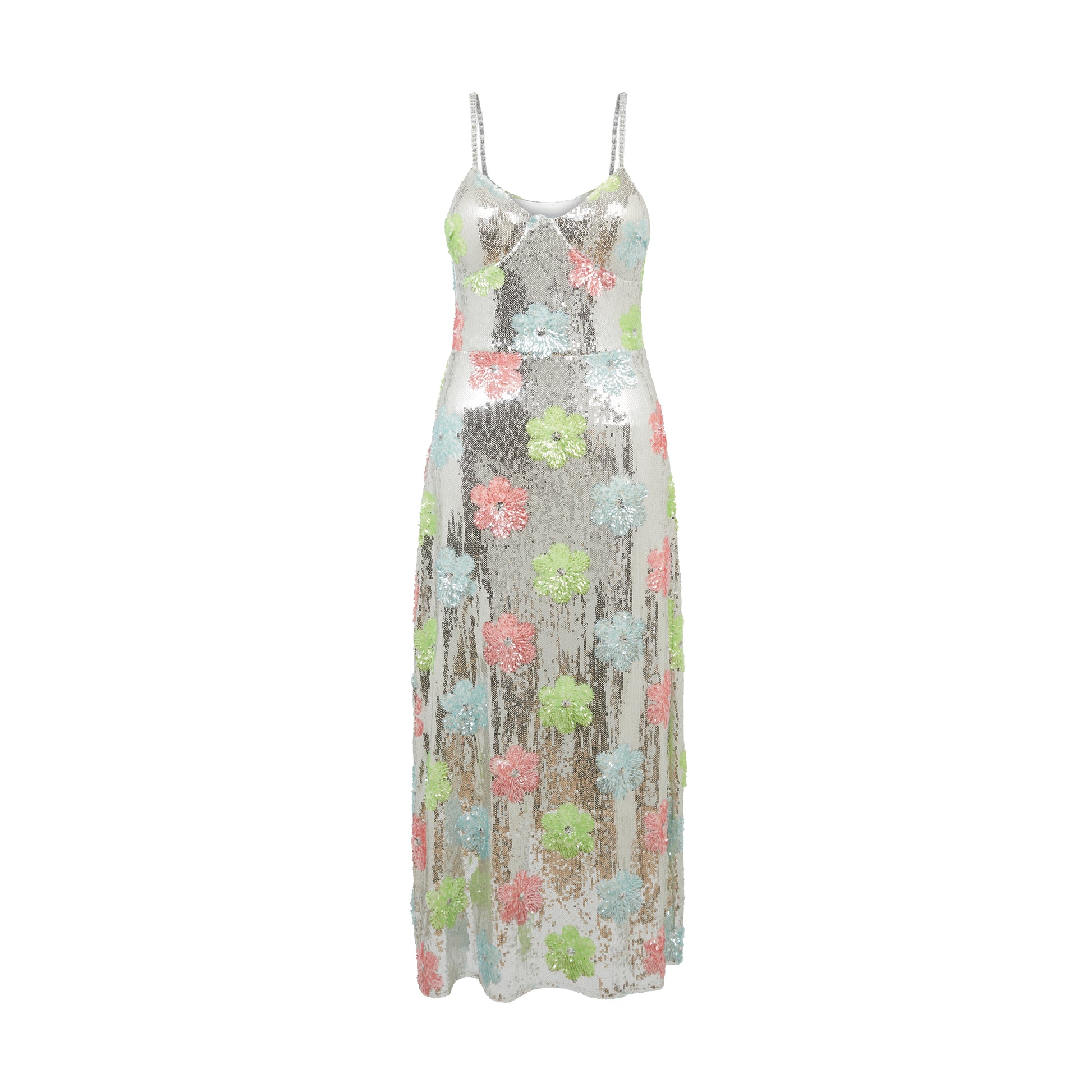 SOUR FIGS glamorous spaghetti strap midi dress embellished with mint green, pink, and sky blue floral sequins.