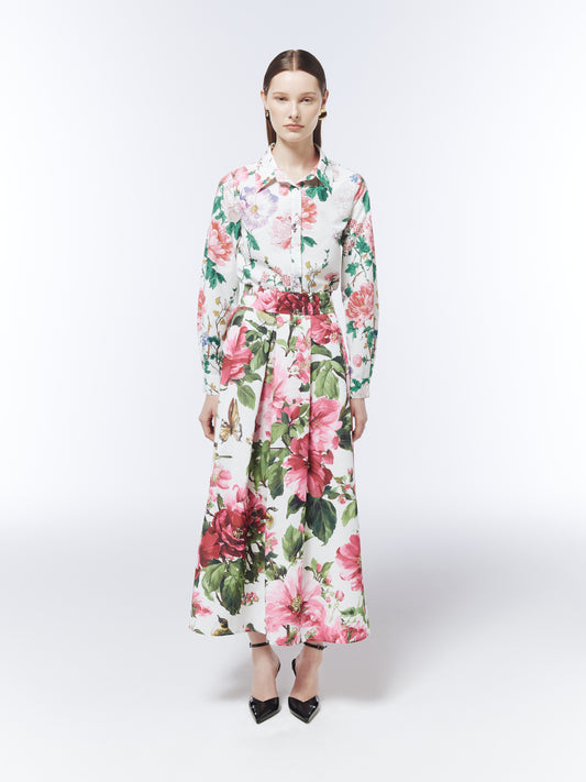 SOUR FIGS floral butterfly high-waisted maxi skirt in Porcelain White front view