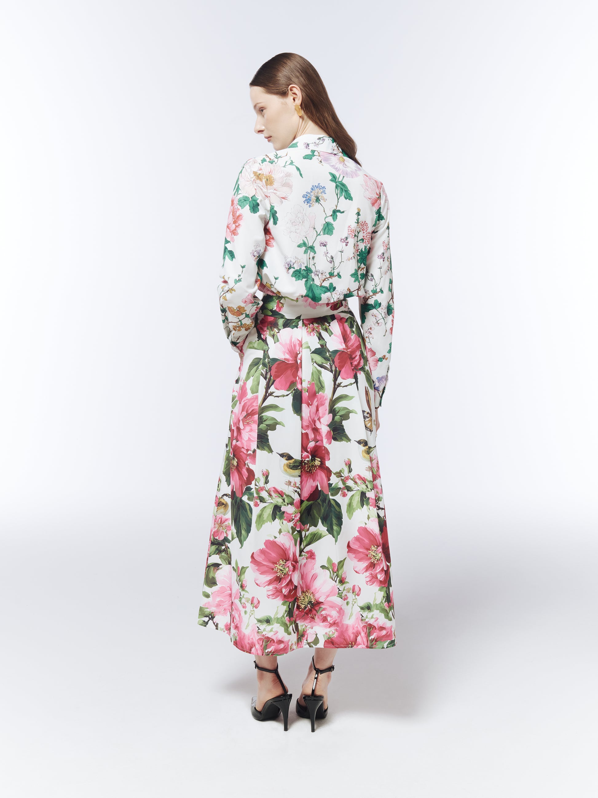 SOUR FIGS pink botanical print maxi skirt in Porcelain White back view