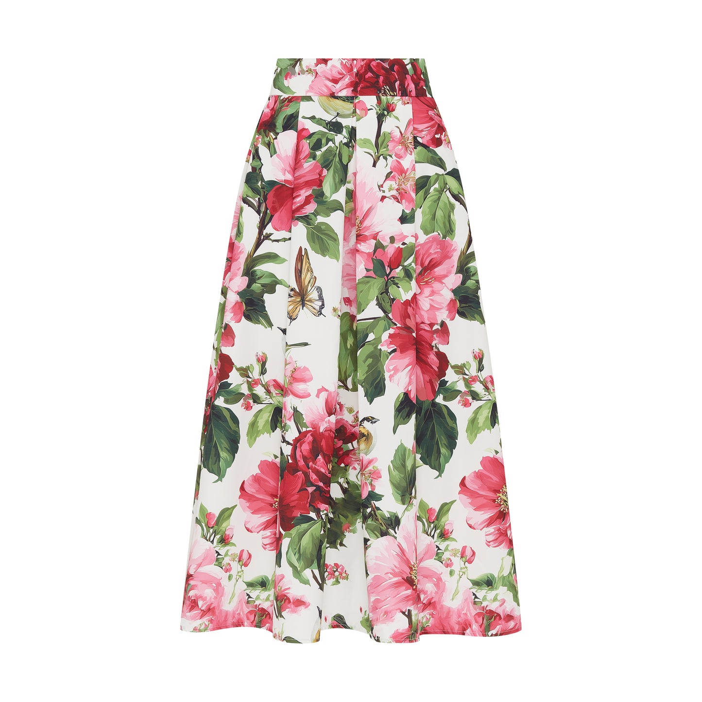 SOUR FIGS long A-line skirt featuring pink flowers, green leaves and butterfly motifs