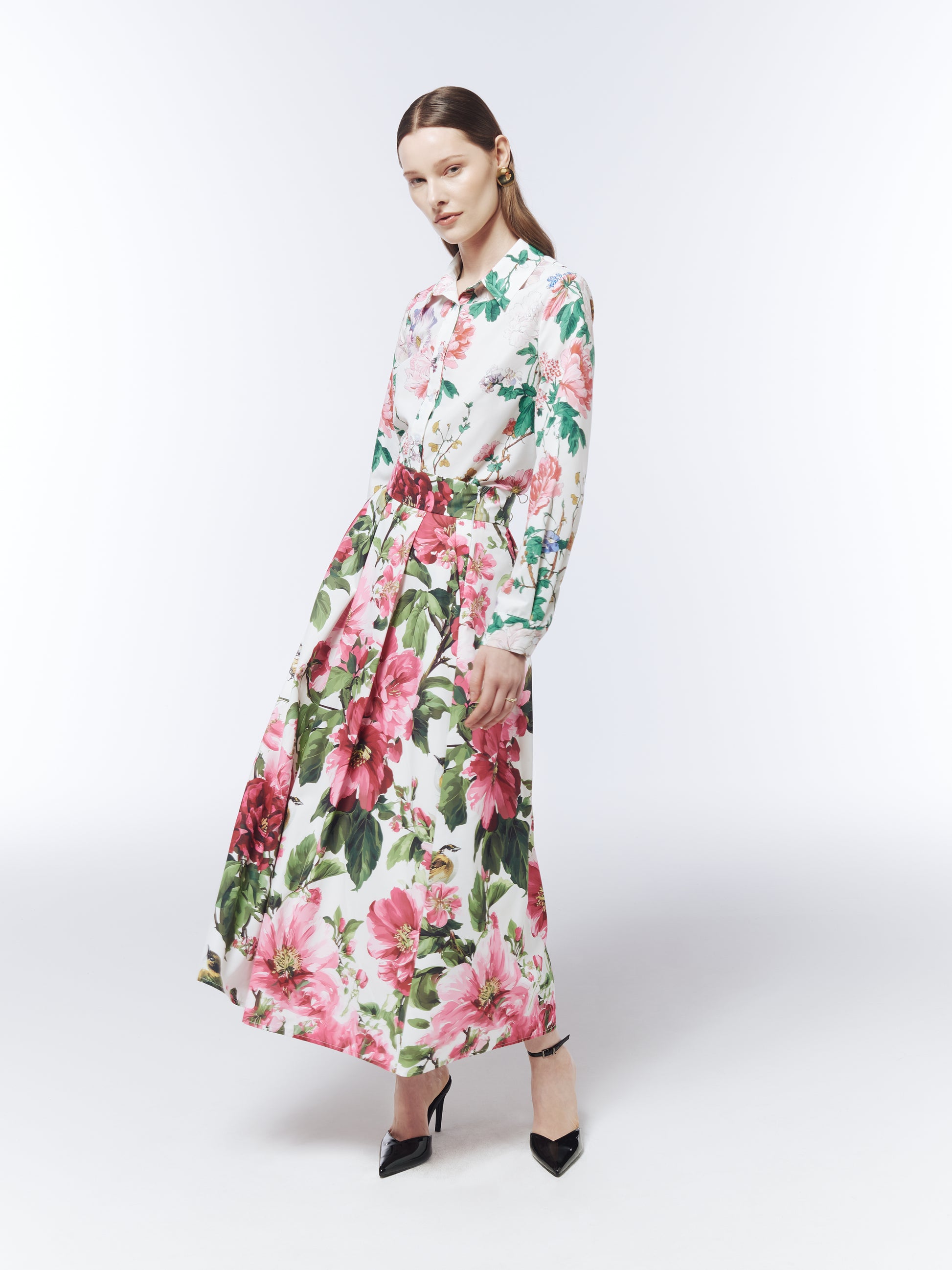 SOUR FIGS floral occasion maxi skirt styled with a printed shirt and pointed heels