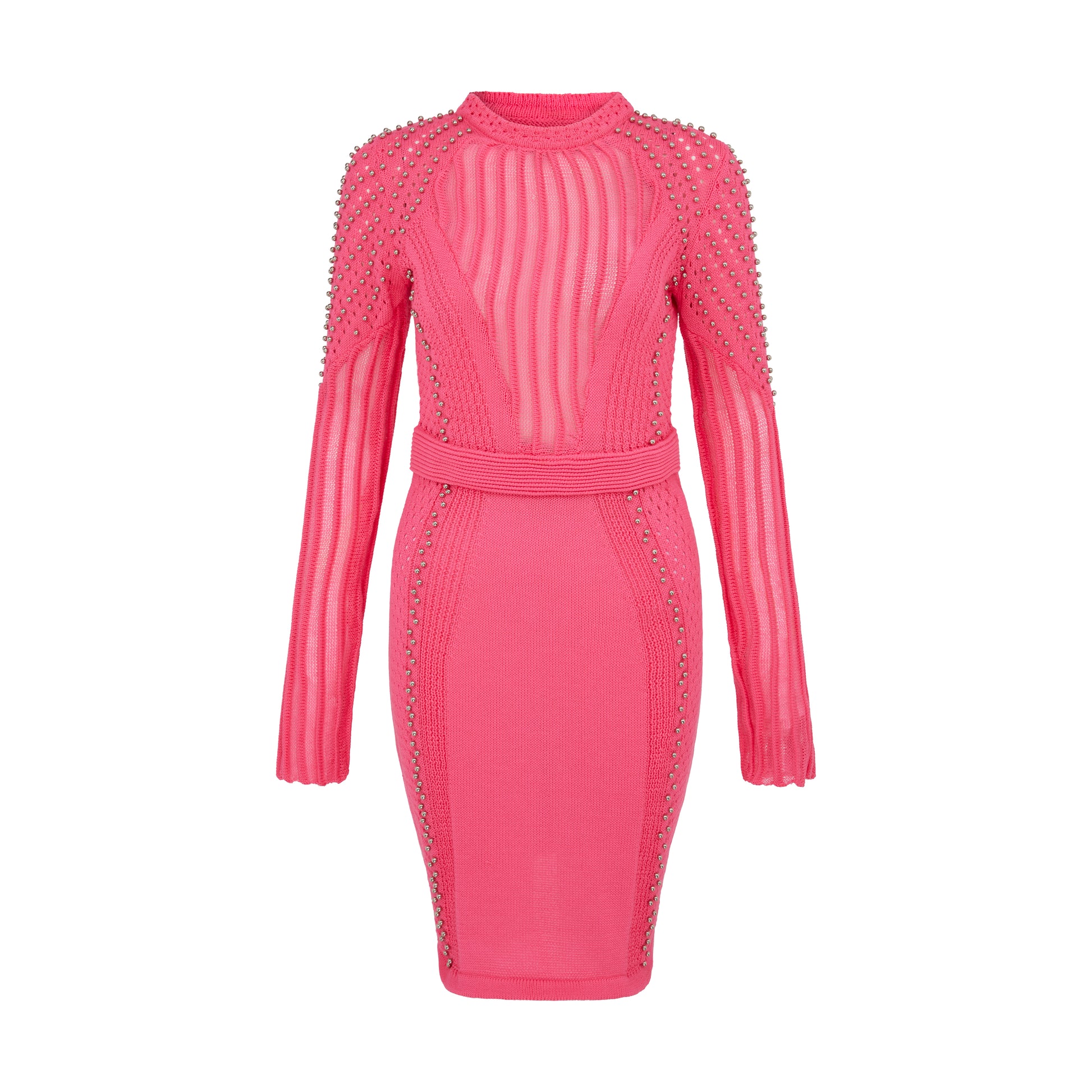 SOUR FIGS Studded Sheer Knit Mini Jumper Dress in Brink Pink