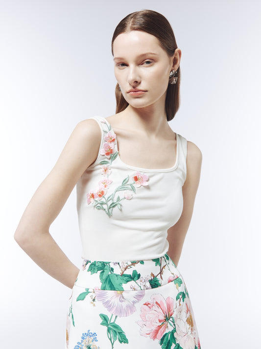 SOUR FIGS Pink Blossom-Appliqué Square-Neck Tank Top in Ivory White with delicate floral embroidery.