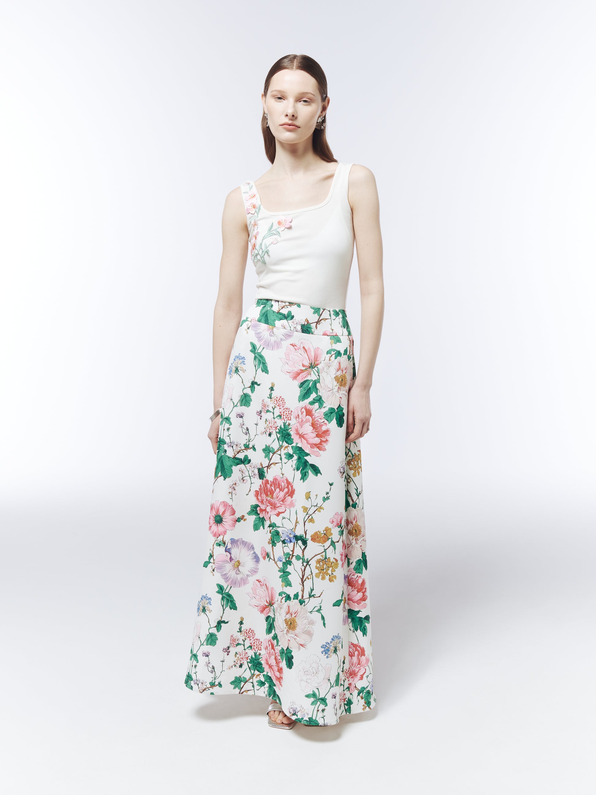SOUR FIGS Ivory White square-neck top with pink flowers, coral centres and green embroidered stems.