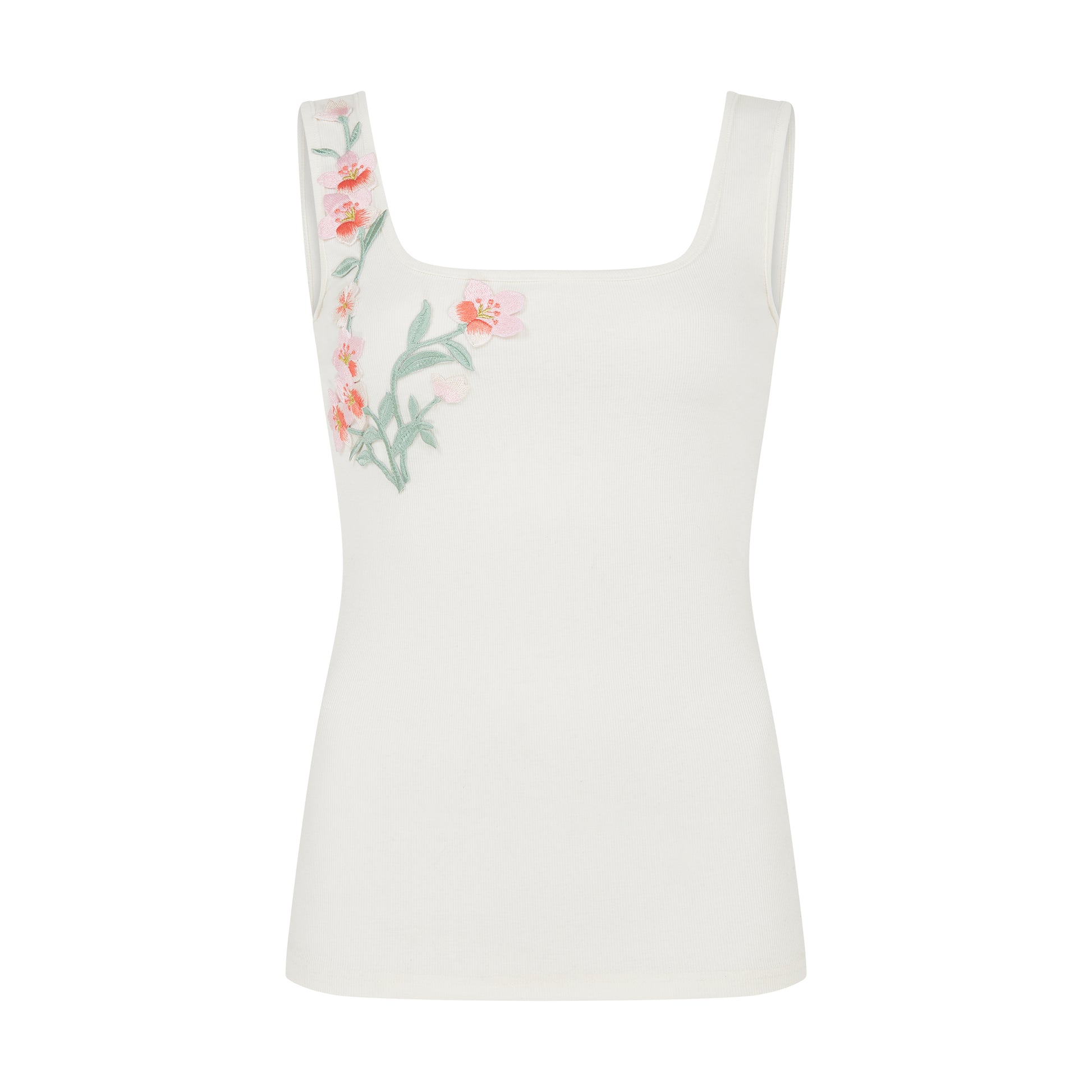 SOUR FIGS sleeveless pink blossom appliqué top styled with a printed midi skirt.