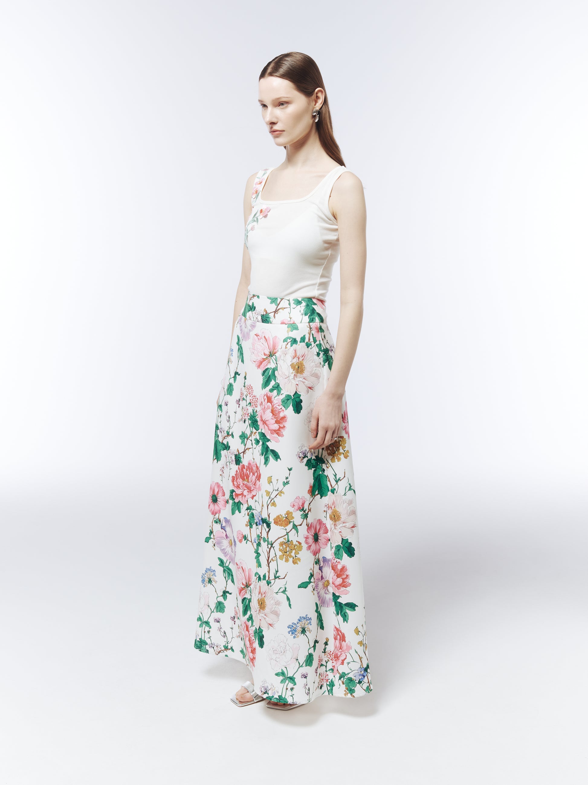 SOUR FIGS fitted ribbed tank top featuring pink blossom appliqué across the shoulder and chest.
