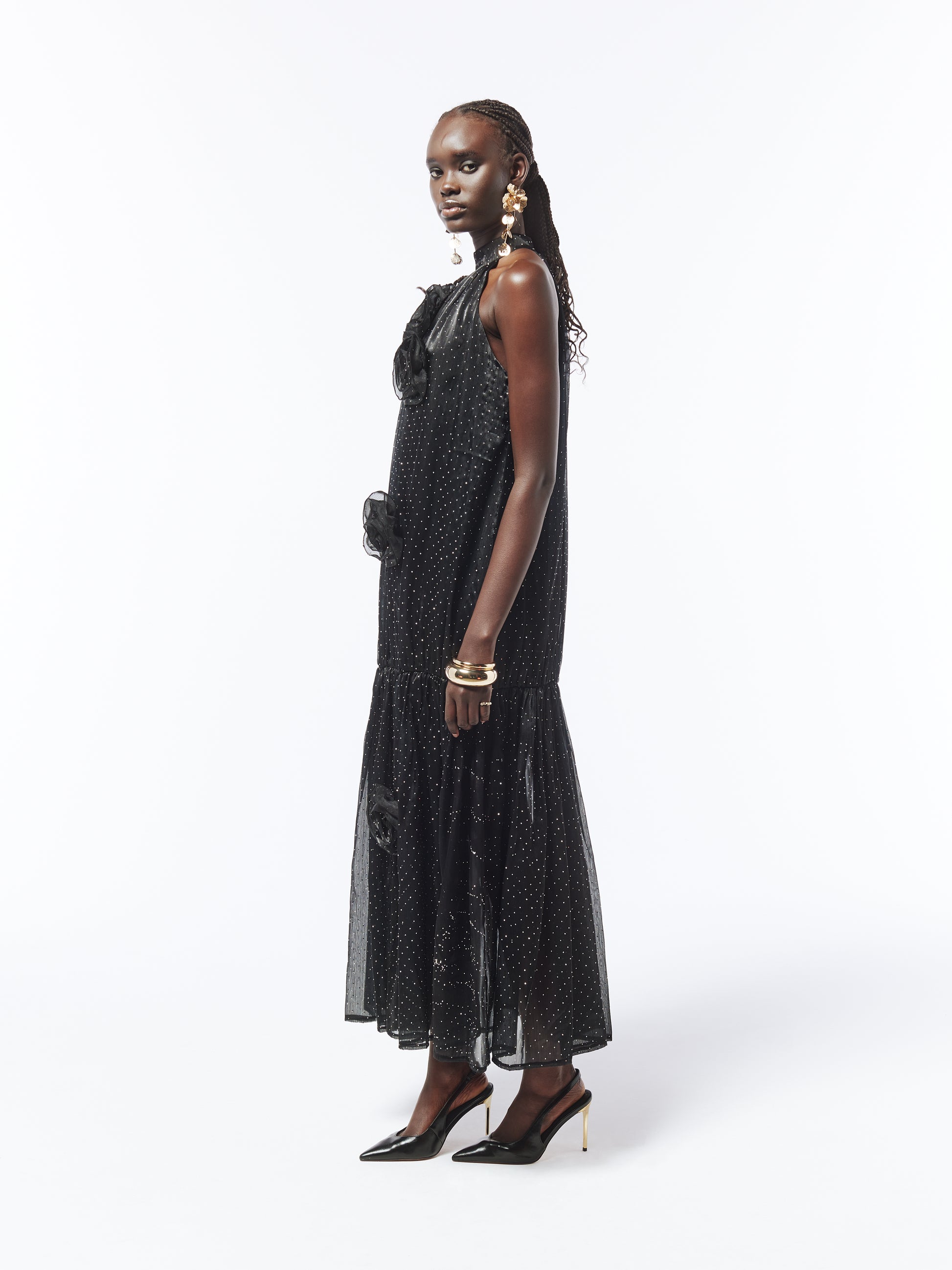 SOUR FIGS floral appliqué detail on black rhinestone maxi dress