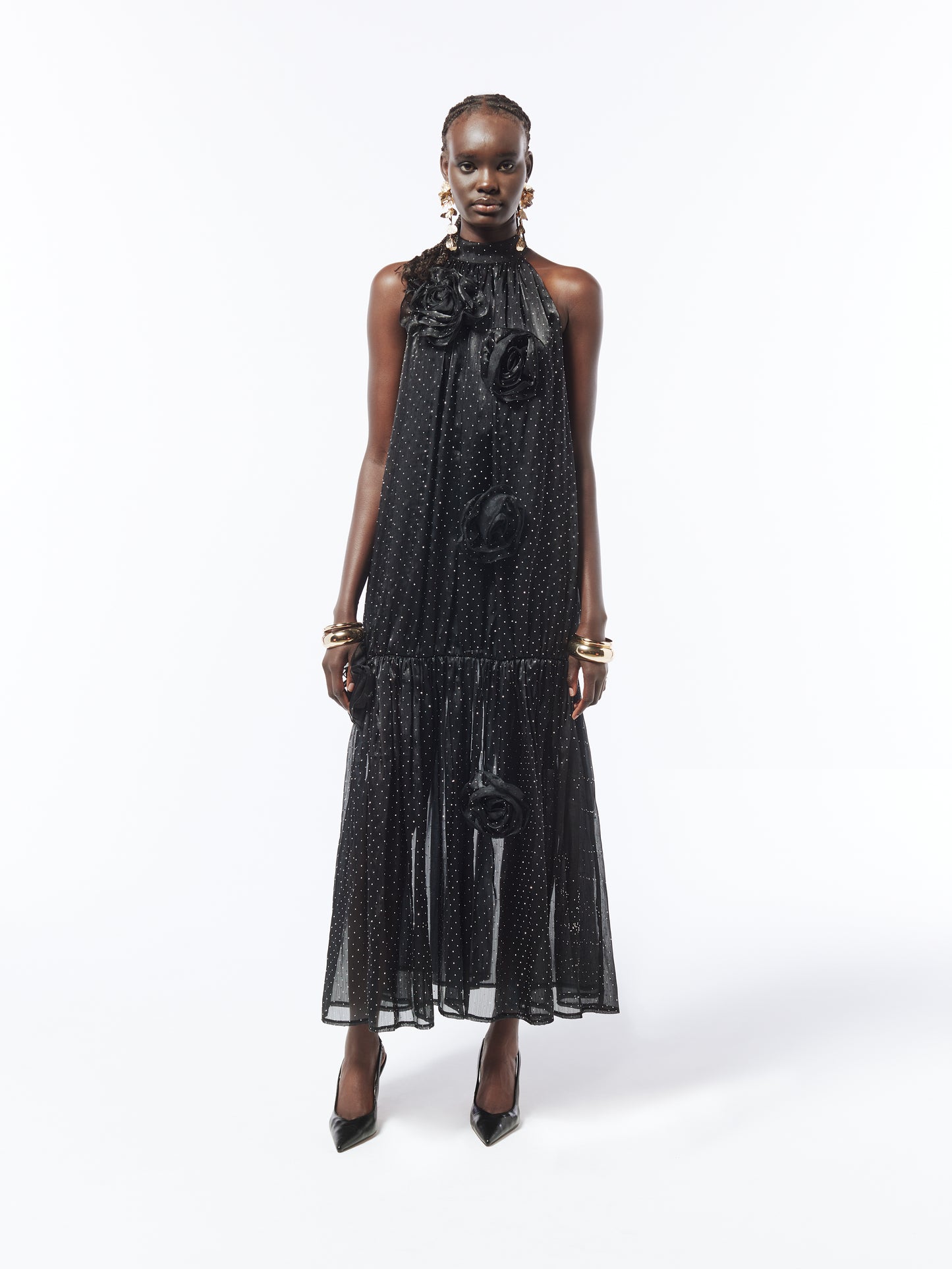 SOUR FIGS black maxi dress with rhinestone polka dots and floral appliqué