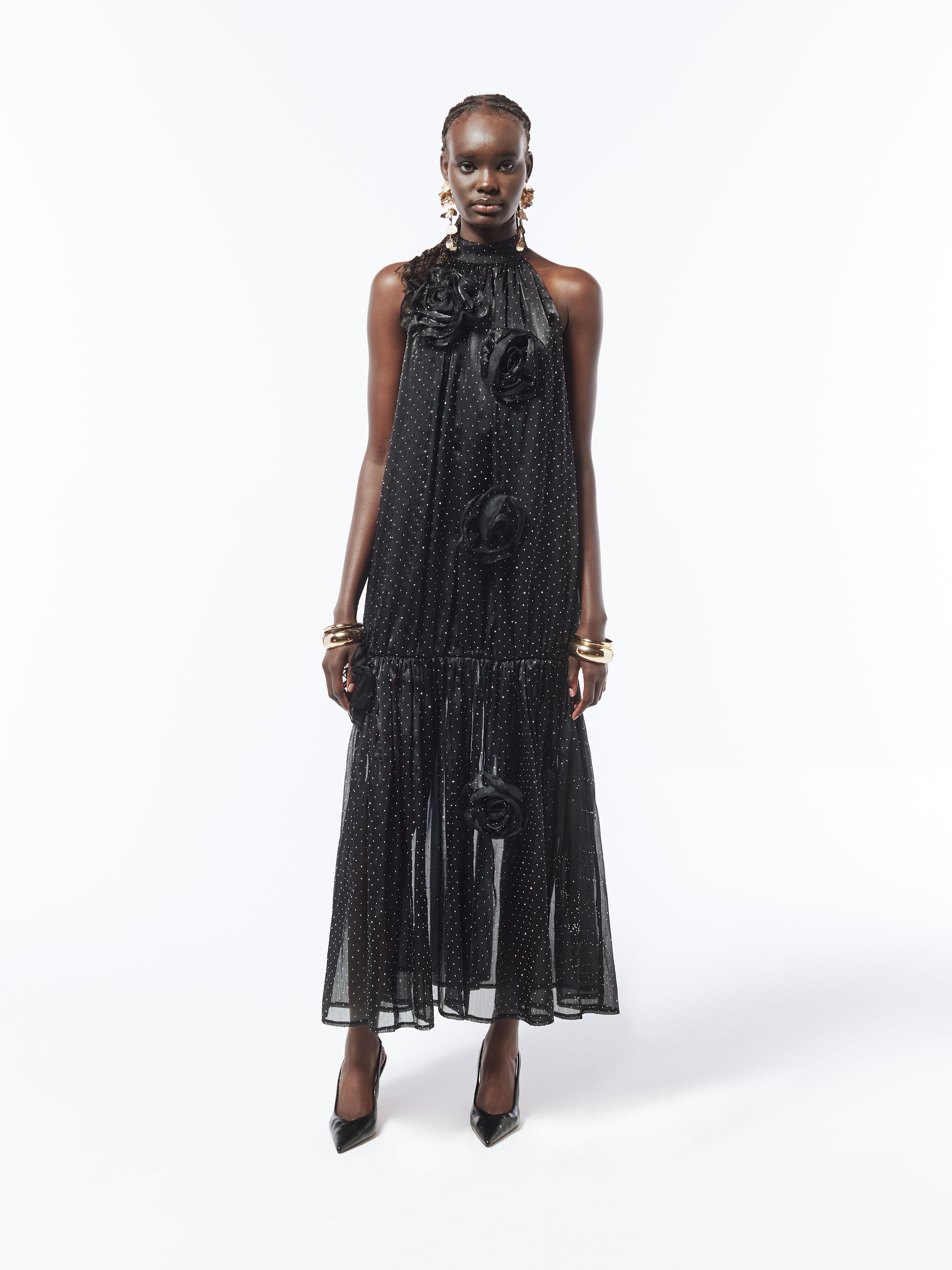 SOUR FIGS black maxi dress with rhinestone polka dots and floral appliqué