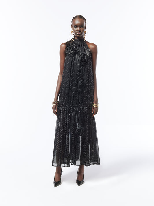 SOUR FIGS black maxi dress with rhinestone polka dots and floral appliqué