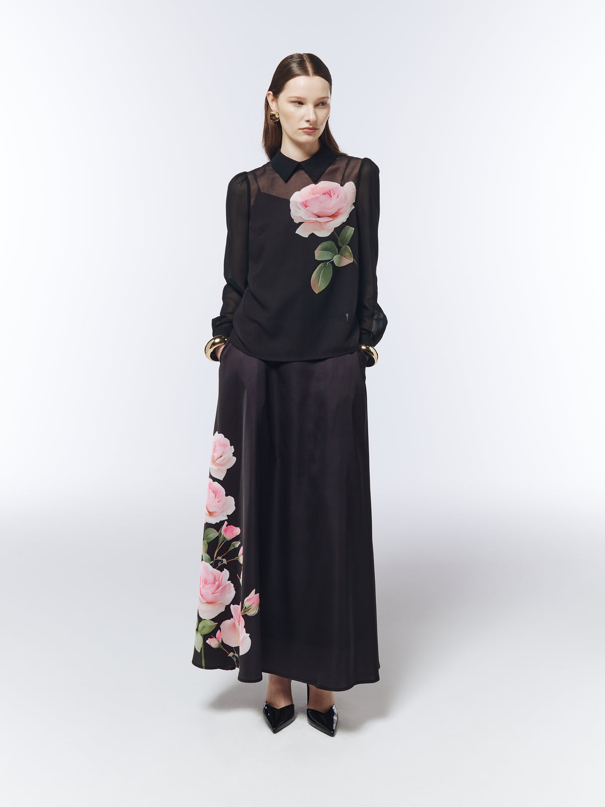 SOUR FIGS Rose Placement A-Line Maxi Skirt in black with pink floral placement print