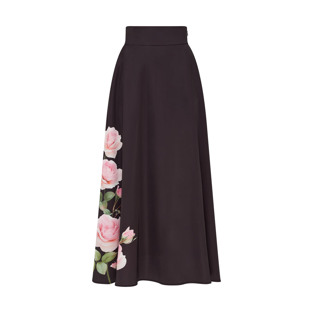 SOUR FIGS dark floral A-line skirt with pink rose print and full-length silhouette