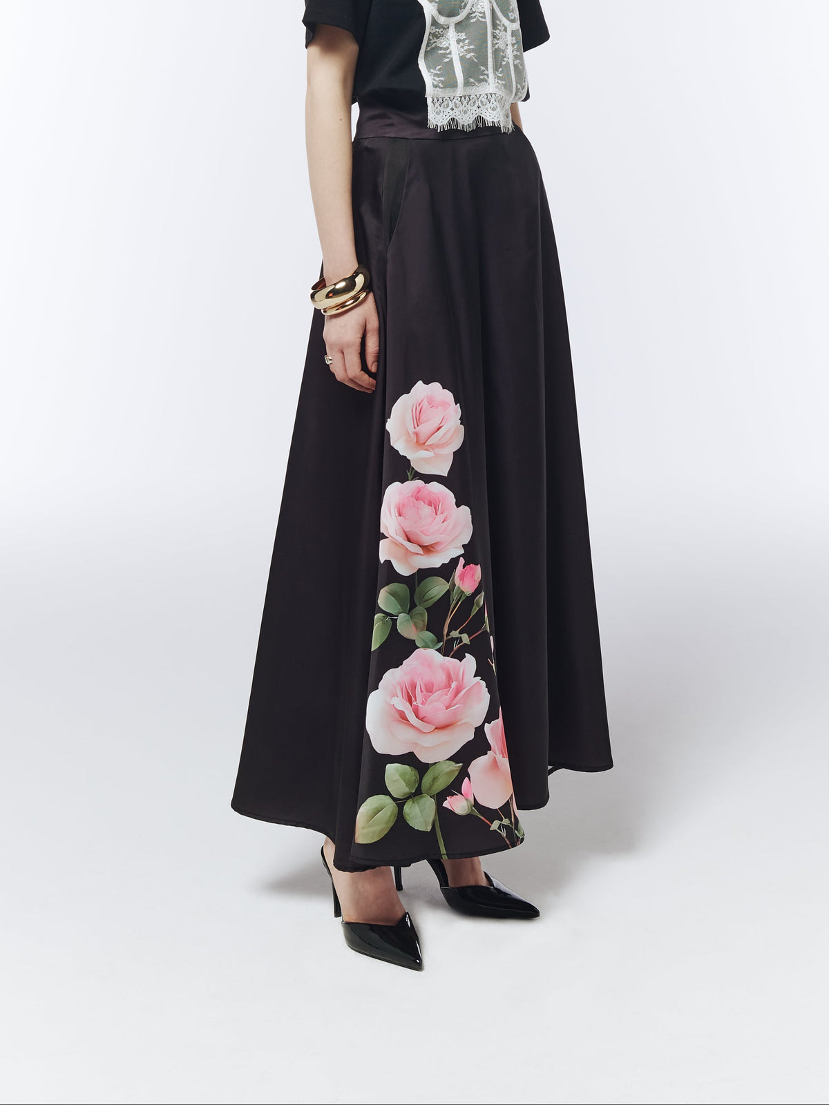 SOUR FIGS dark plum black maxi skirt with pink roses and green foliage along one side