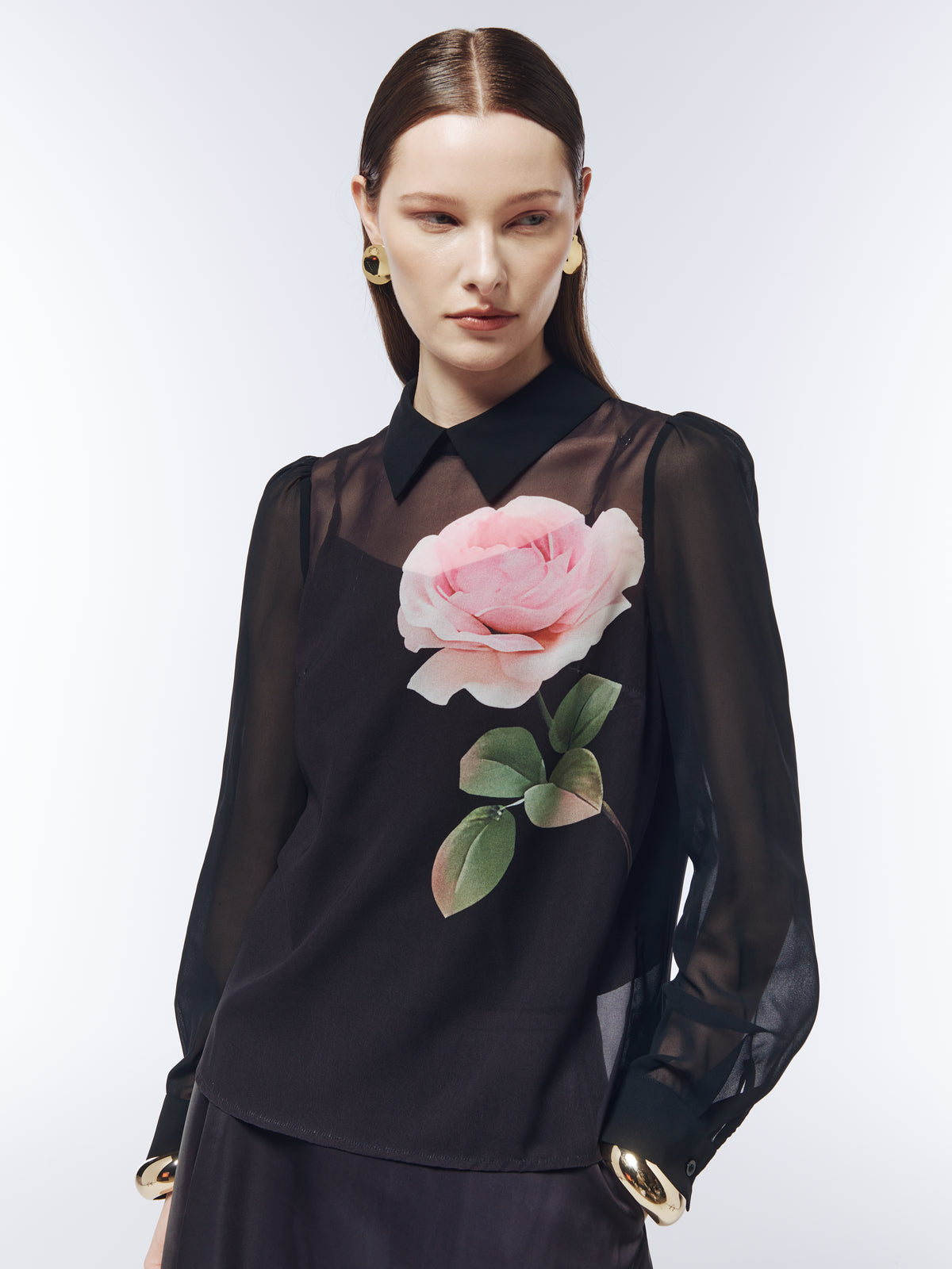 SOUR FIGS floral chiffon blouse with translucent sleeves, pointed collar and concealed back button closure
