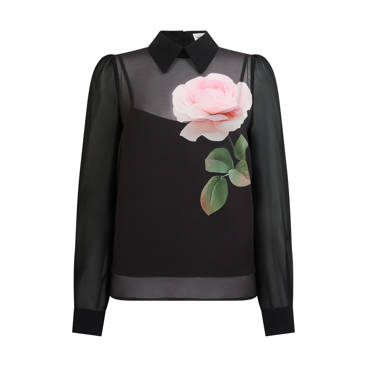 A black sheer long-sleeve blouse with a structured black collar, featuring a large pink rose and green leaves printed on the front, set against a plain dark background.