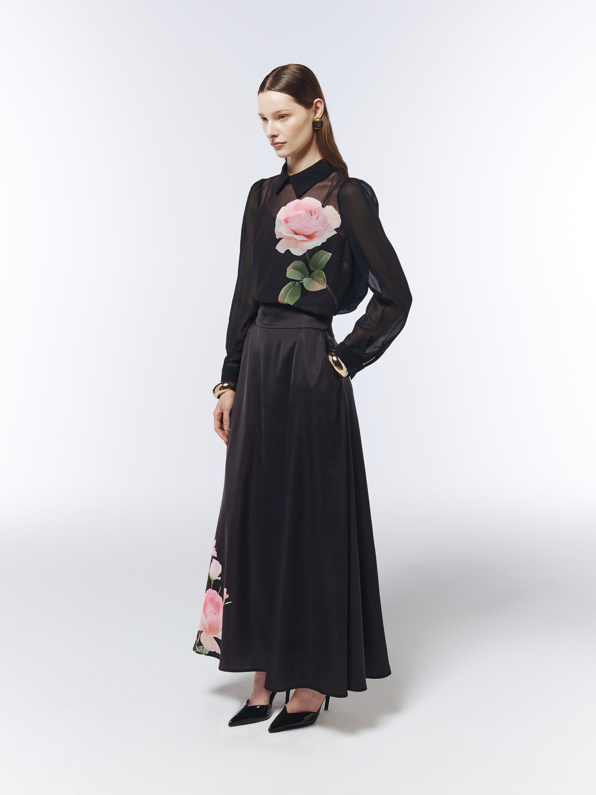 SOUR FIGS Midnight Plum sheer blouse with large pink rose placement print and matching slip top
