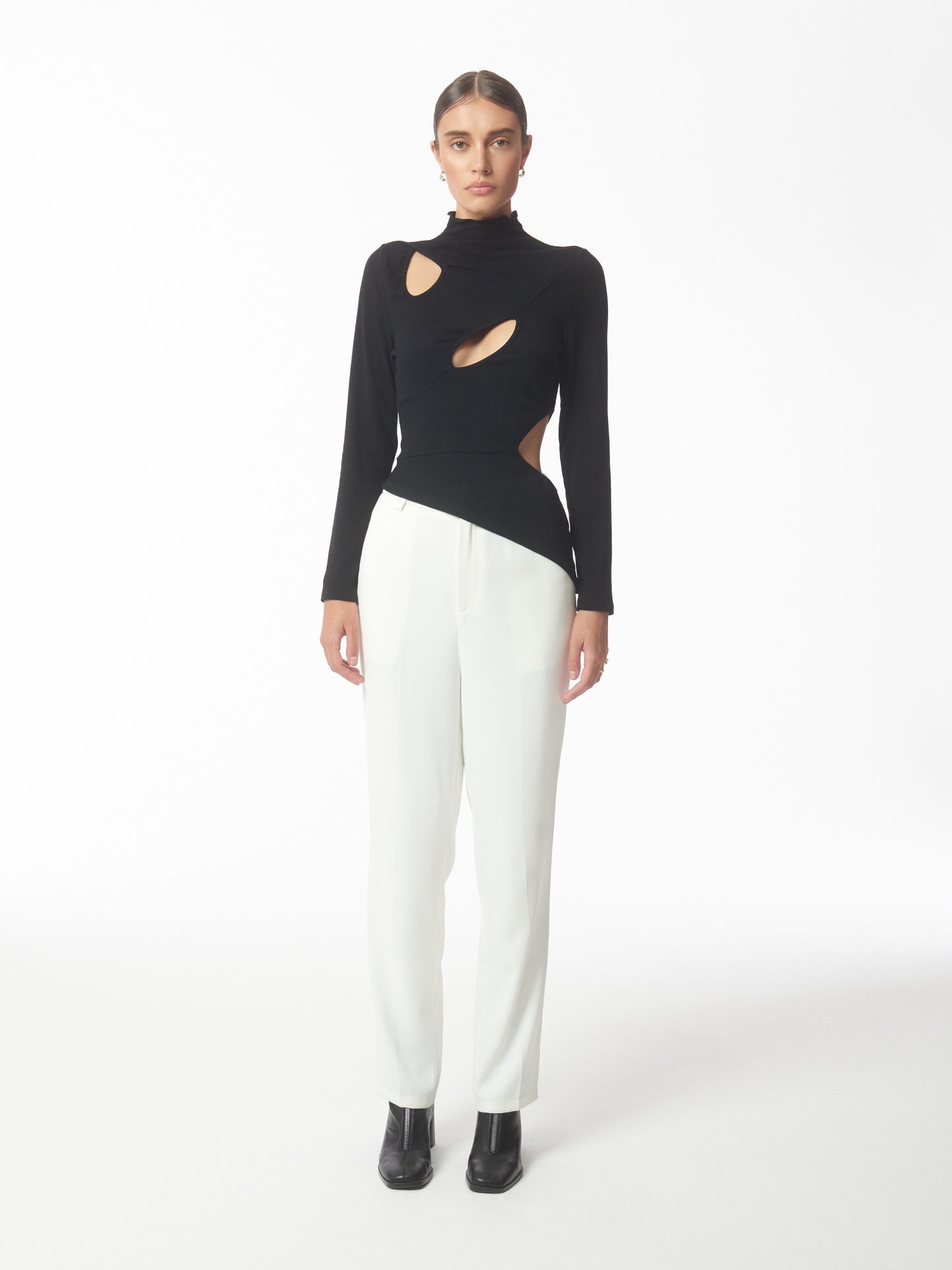 SOUR FIGS Asymmetric Cutout Stretch Knit Top in Black