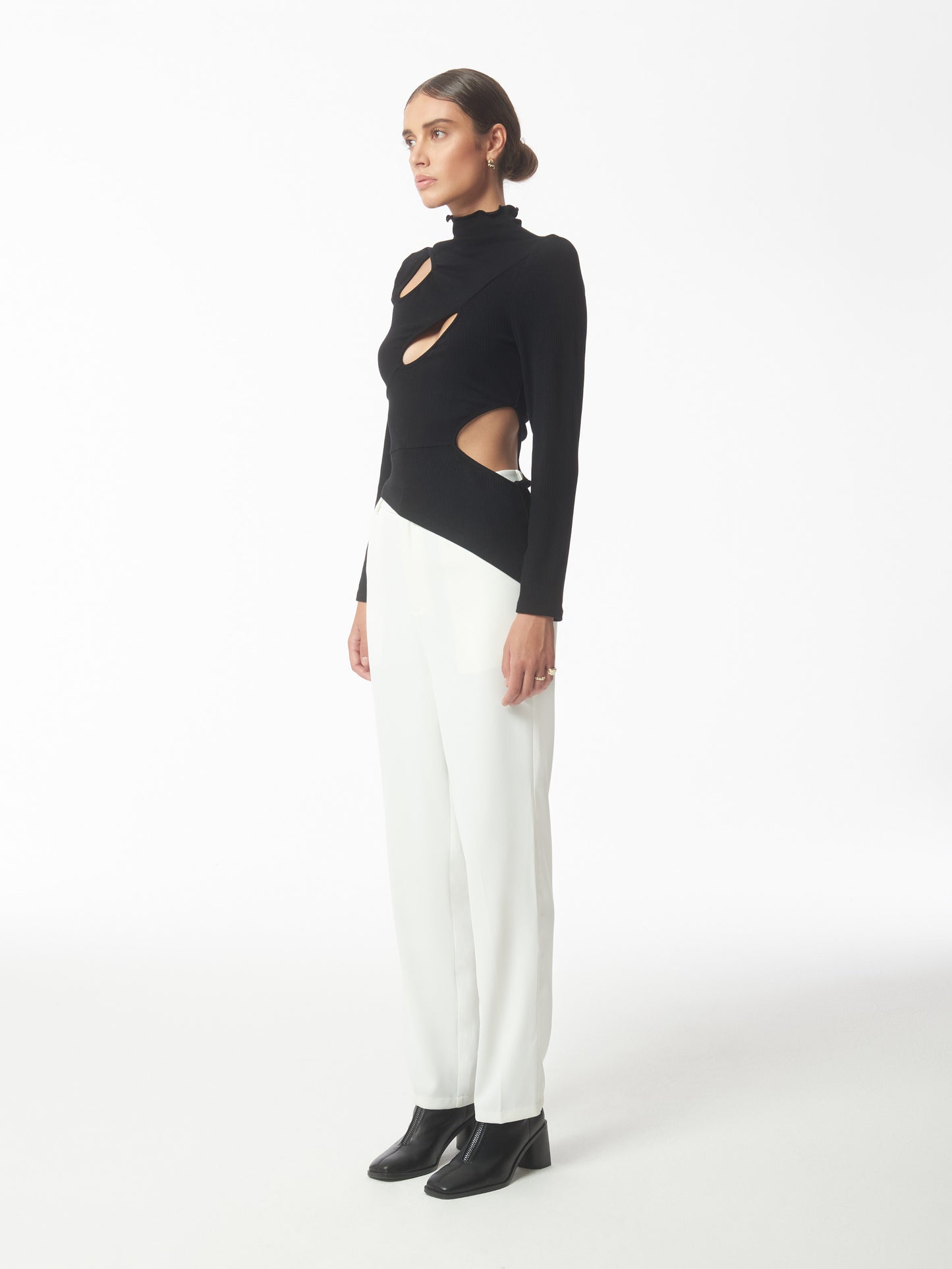 SOUR FIGS Asymmetric Cutout Stretch Knit Top in Black