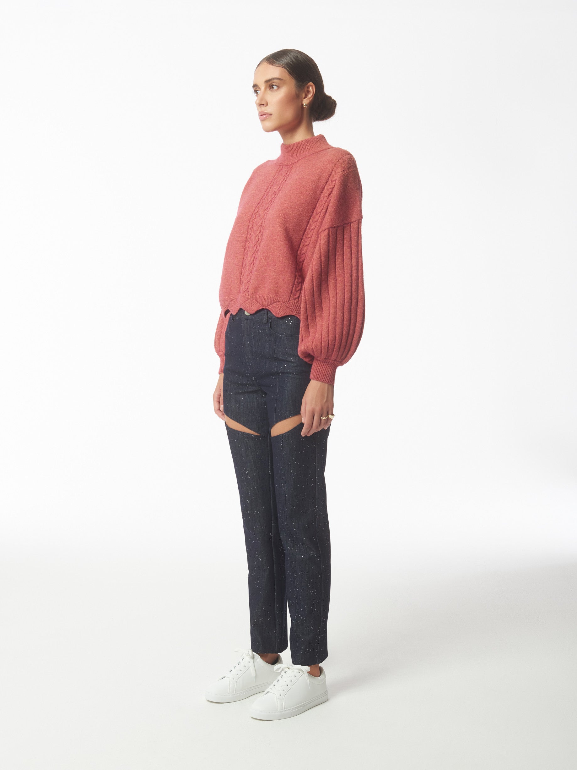 SOUR FIGS Batwing Sleeves Scallop Edge Knit Pullover in Brick Red